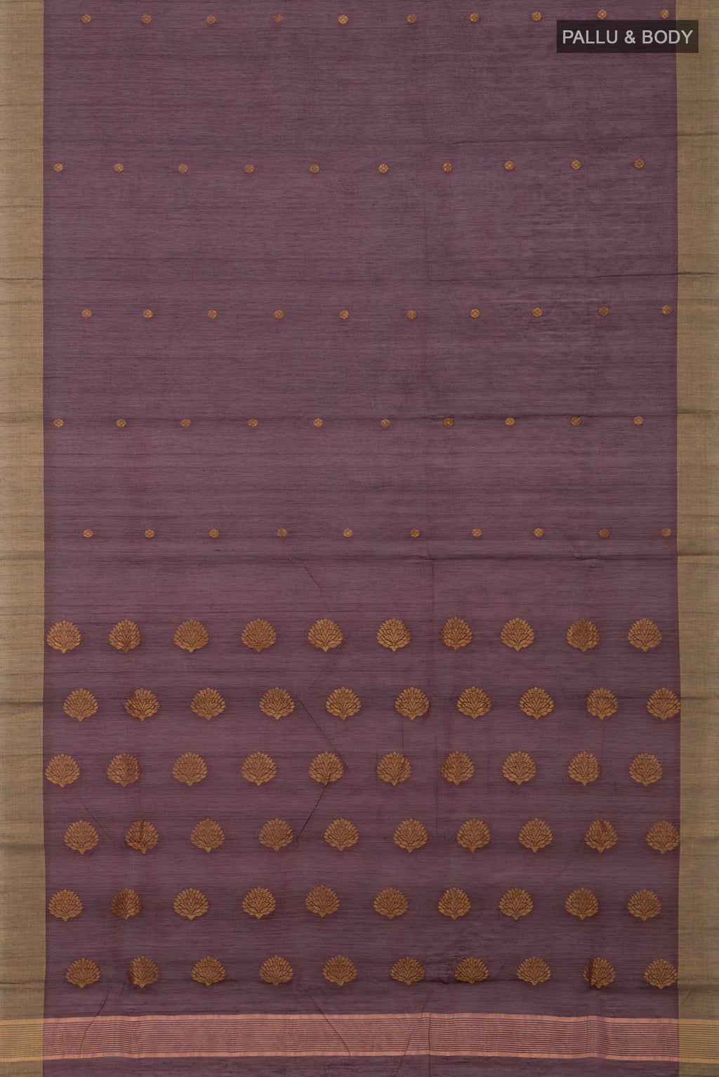 Flat view of Maroon Chanderi Silk Cotton Saree with Zari Butta on the body and Zari Border. 