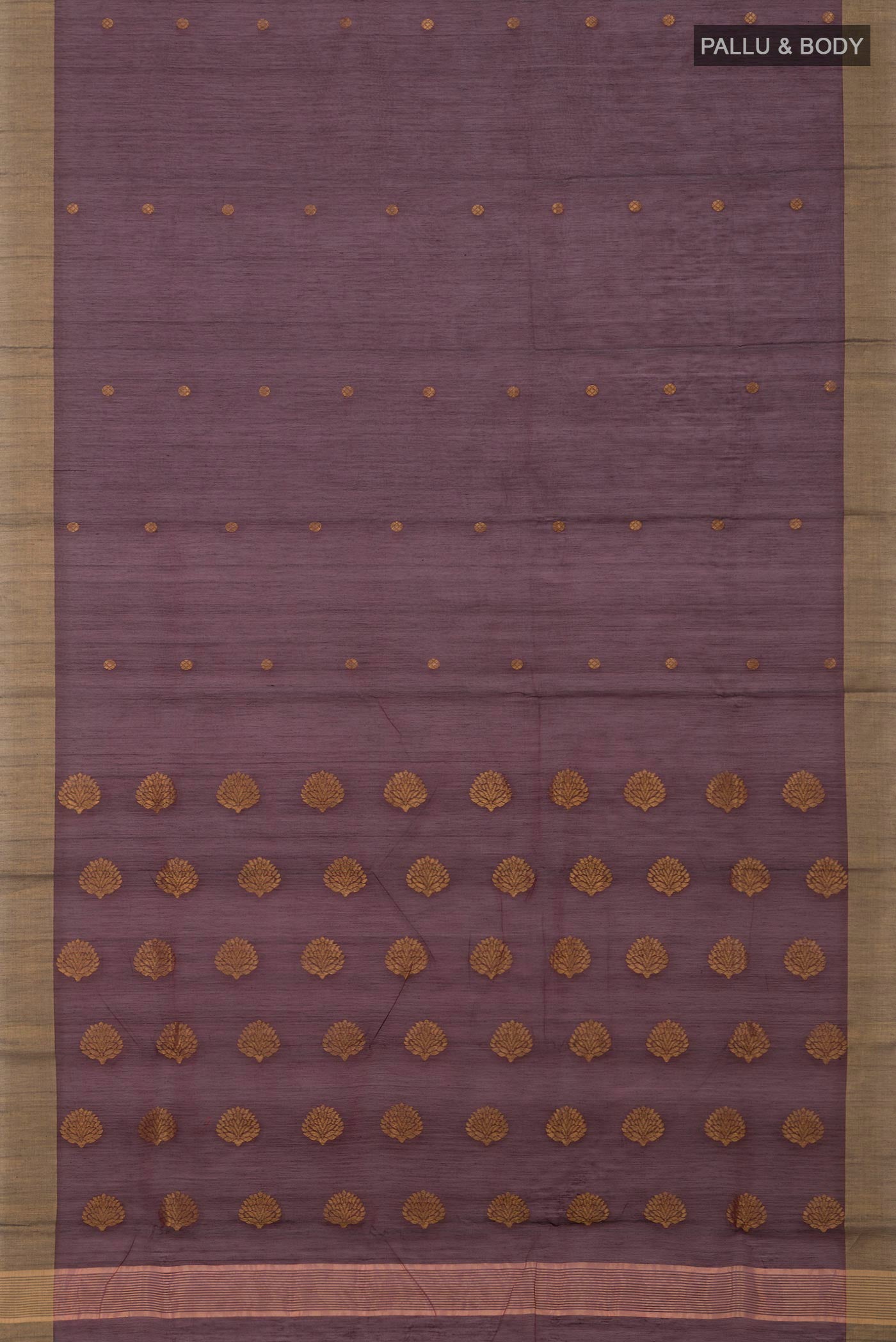 Flat view of Maroon Chanderi Silk Cotton Saree with Zari Butta on the body and Zari Border. 