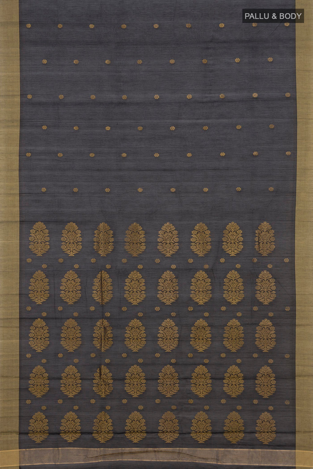Flat view of Black Chanderi Cotton Saree with Zari Butta on the body and Zari Border. 