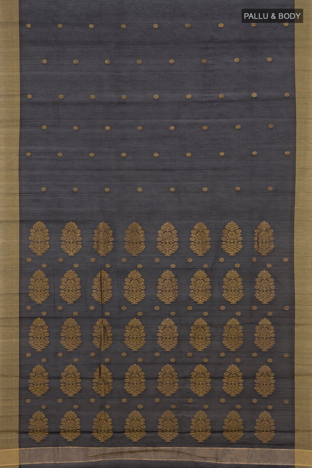 Flat view of Black Chanderi Cotton Saree with Zari Butta on the body and Zari Border. 