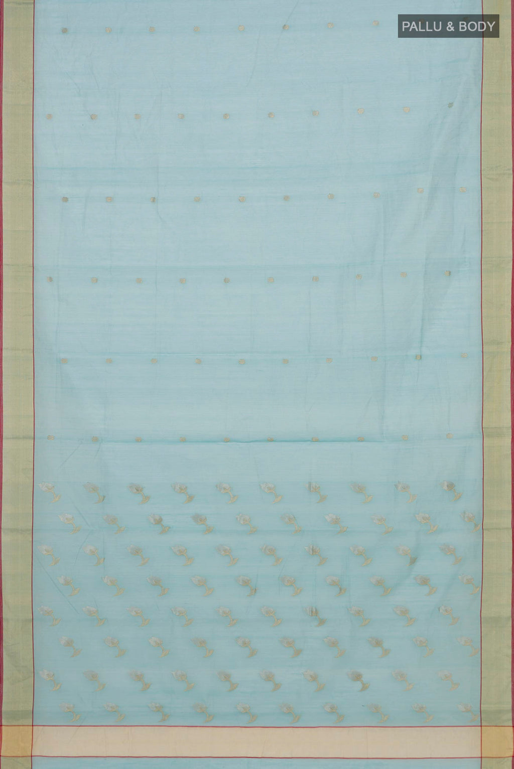 Flat view of Blue Chanderi Silk Cotton Saree with Zari Butta on the body and Zari Border. 