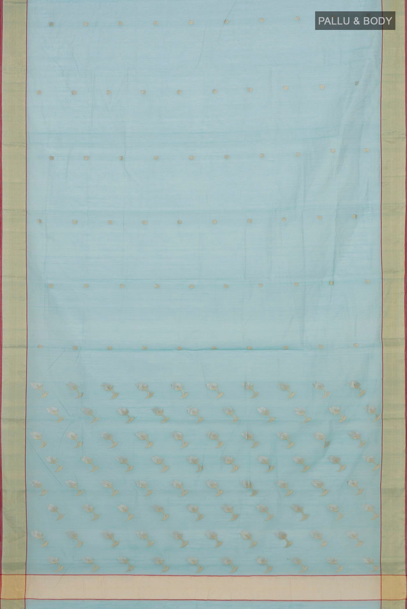 Flat view of Blue Chanderi Silk Cotton Saree with Zari Butta on the body and Zari Border. 