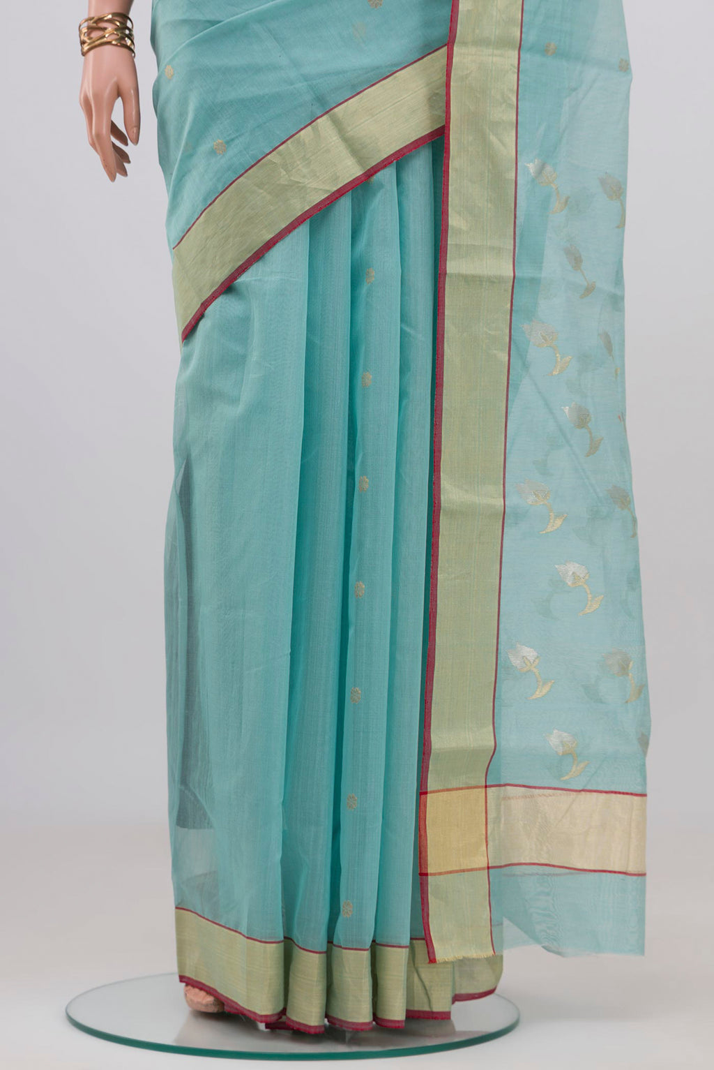 Pleats and pallu of Blue Chanderi Silk Cotton Saree with Zari Butta on the body and Zari Border. 