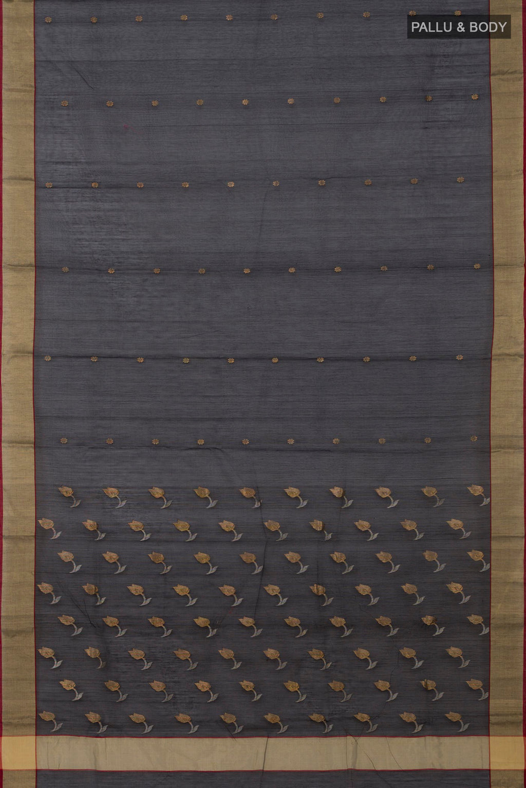 Flat view of Black Chanderi Silk Cotton Saree with Zari Butta on the body and Zari Border. 