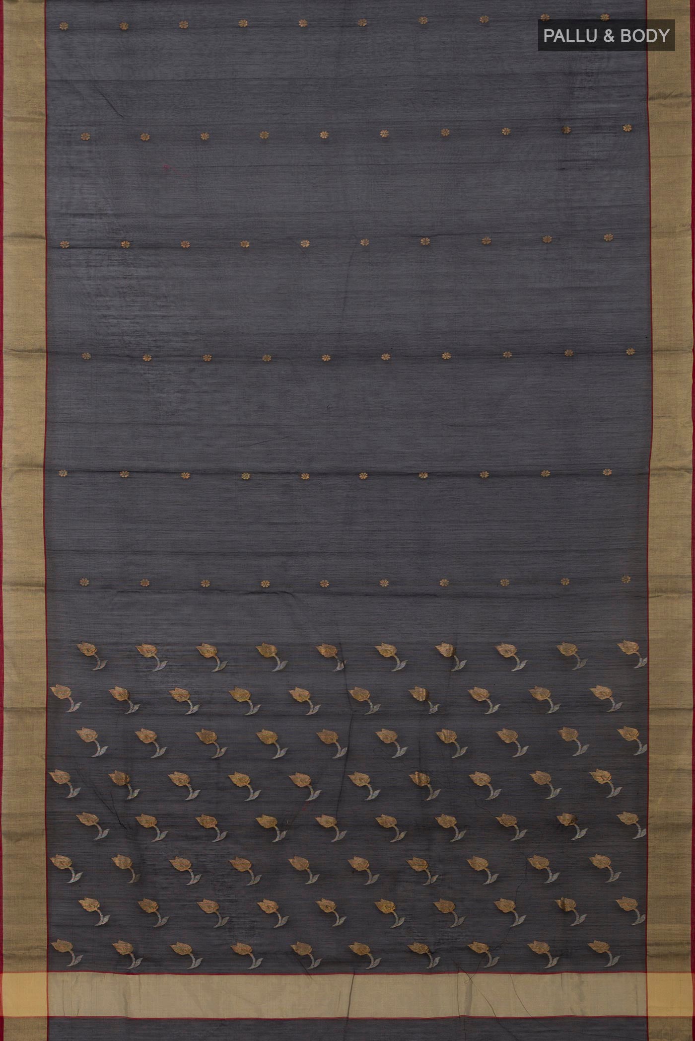 Flat view of Black Chanderi Silk Cotton Saree with Zari Butta on the body and Zari Border. 