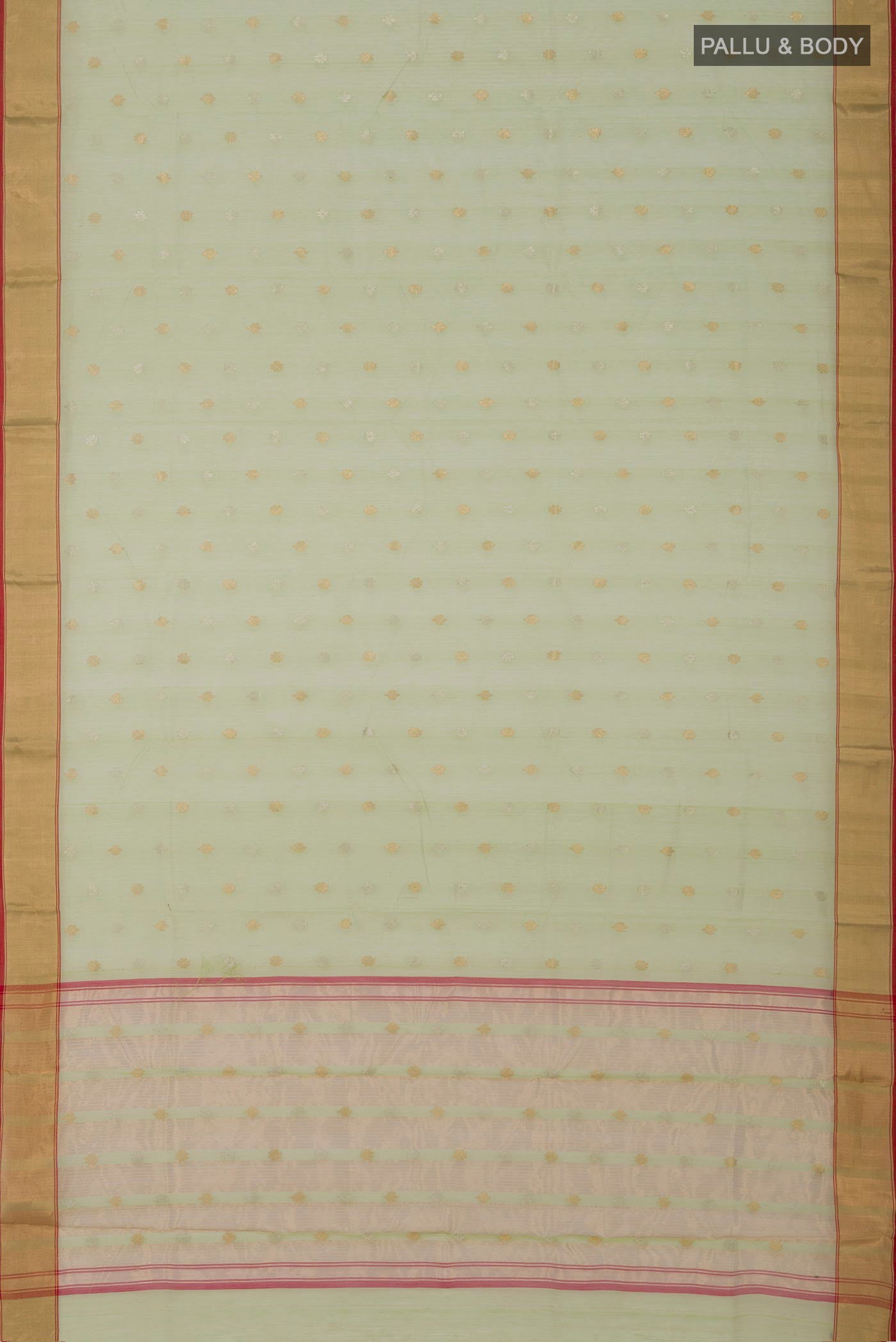 Flat view of Green Chanderi Silk Cotton Saree with Zari Butta on the body and Zari Border. 