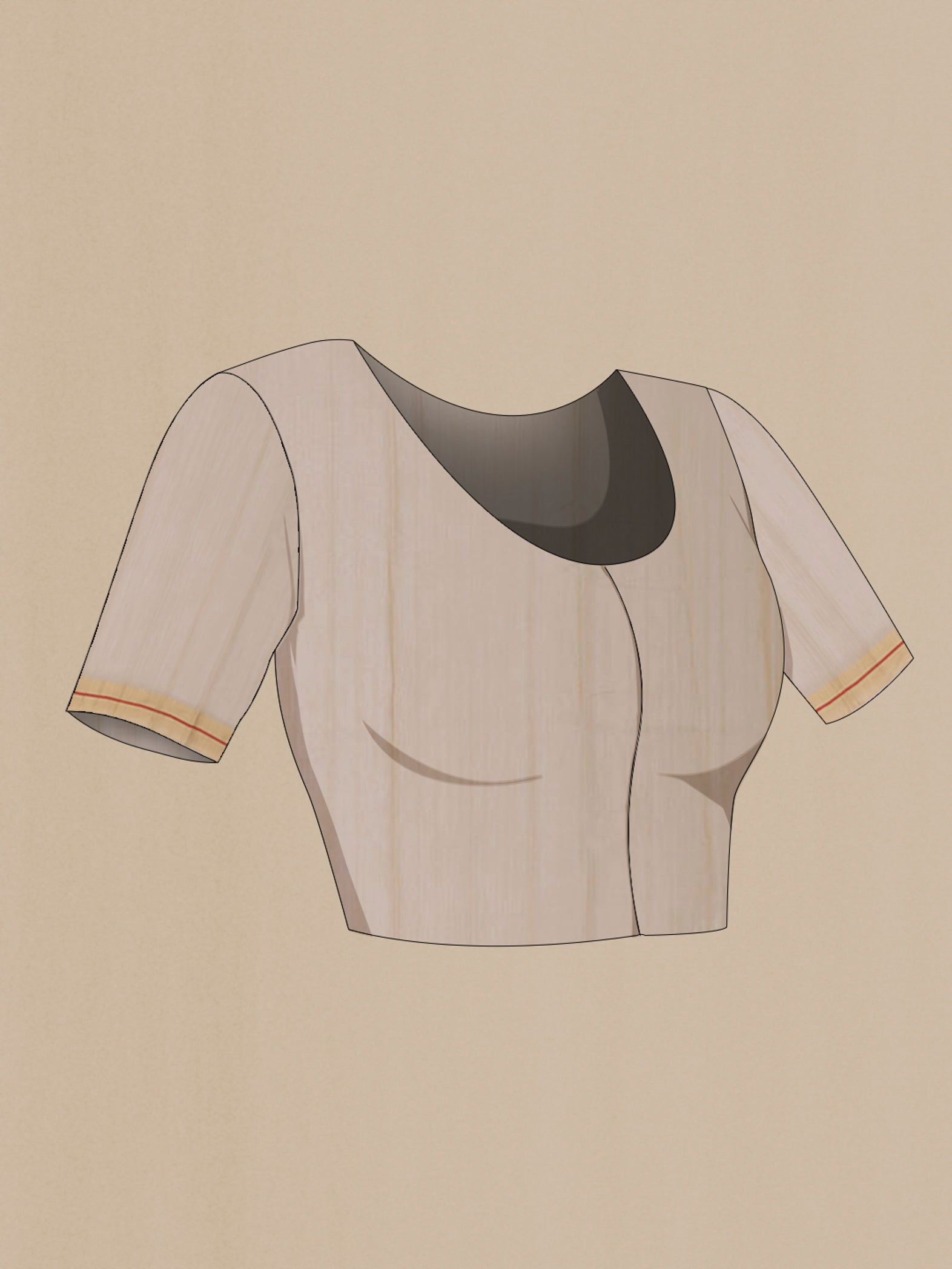Close up image of the blouse of Beige Chanderi Silk Cotton Saree with Zari And Thread Butta on the body and Zari Border. 
