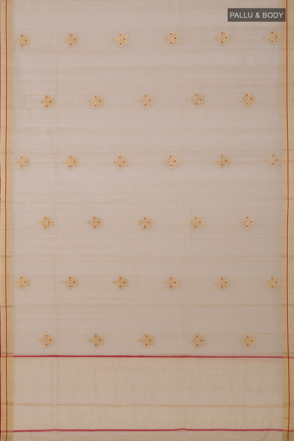 Flat view of Beige Chanderi Silk Cotton Saree with Zari And Thread Butta on the body and Zari Border. 