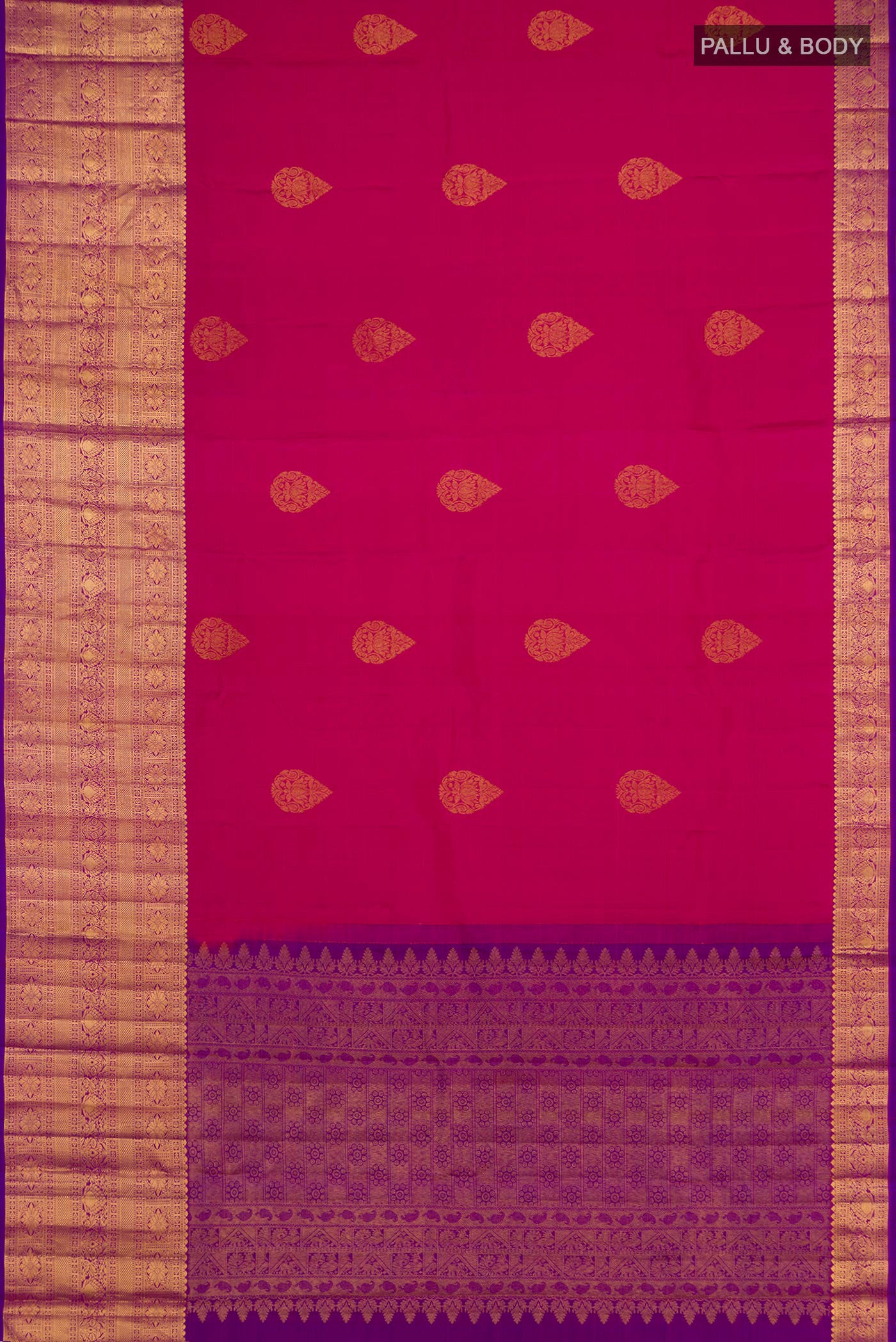 Flat view of Pink Kanchipuram Silk Saree with Zari Butta on the body and Zari Border. 