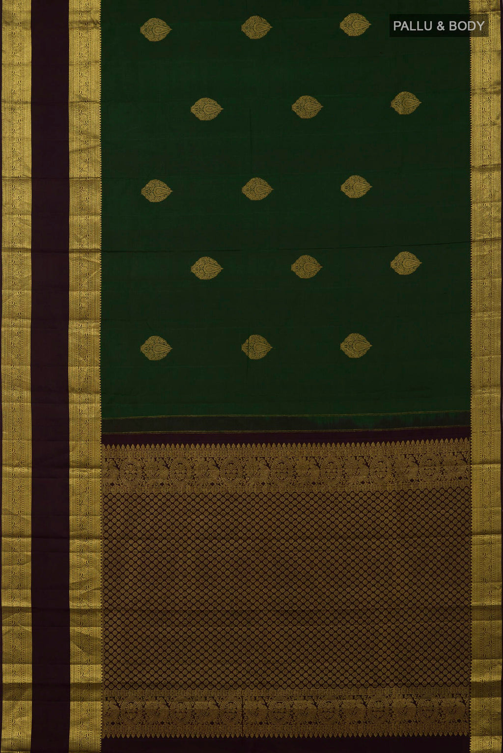 Flat view of Green Kanchipuram Silk Saree with Zari Butta on the body and Zari Border. 