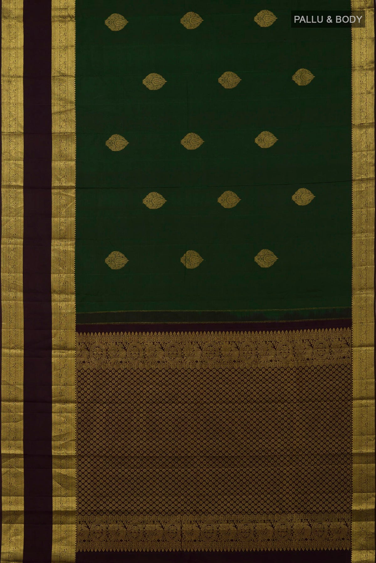 Flat view of Green Kanchipuram Silk Saree with Zari Butta on the body and Zari Border. 