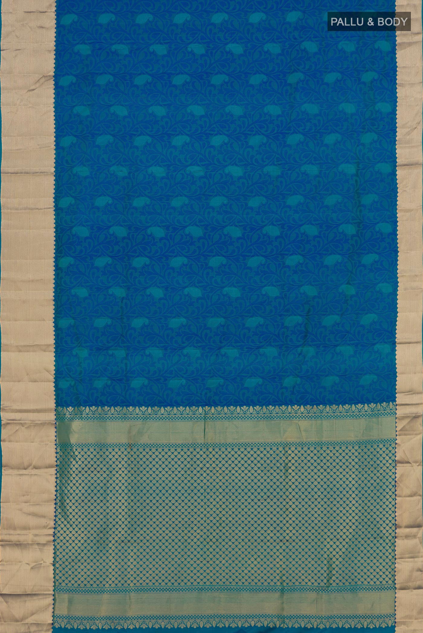 Flat view of Blue Soft Silk Saree with Jacquard design on the body and Zari Border. 