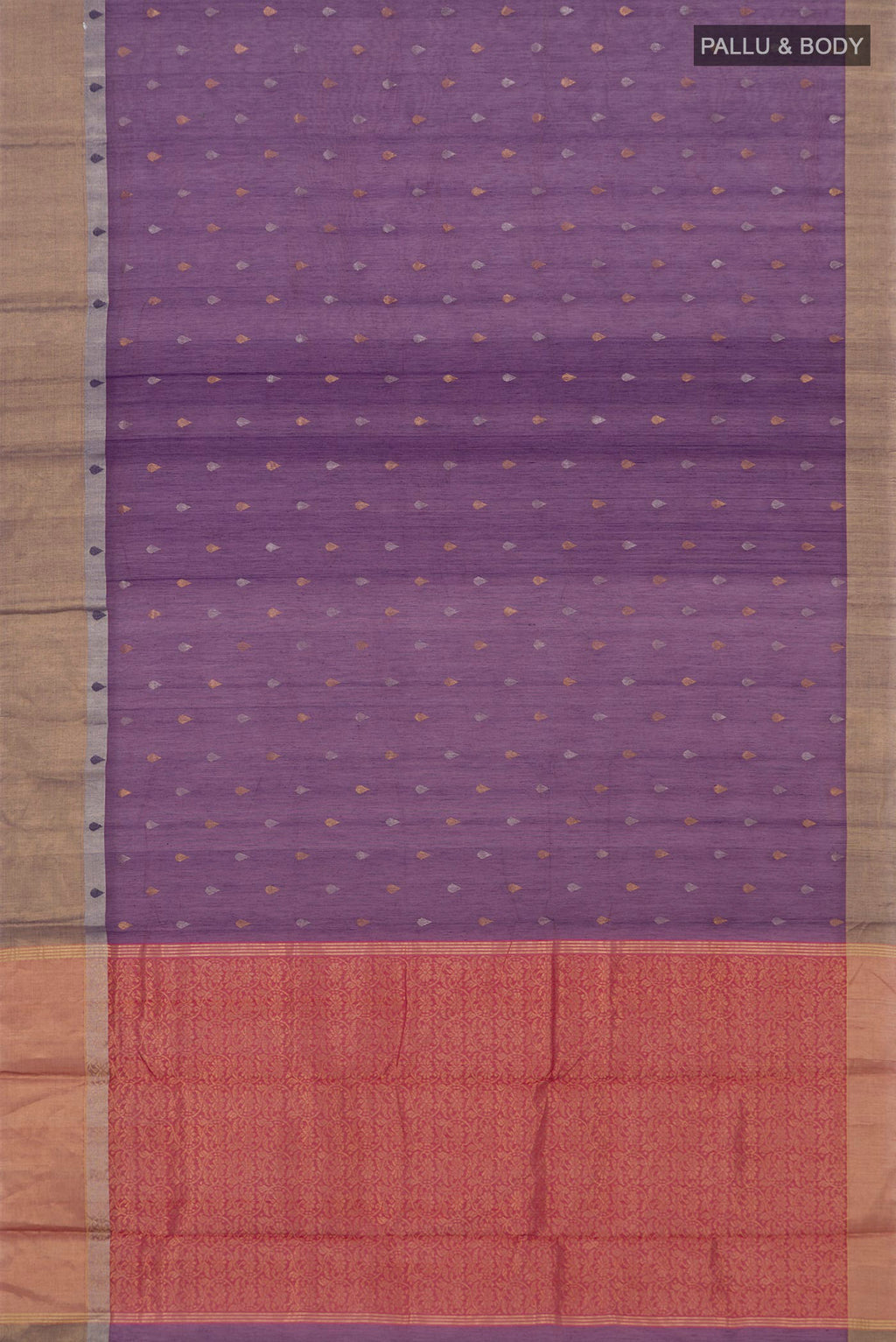 Flat view of Violet Chanderi Silk Cotton Saree with Zari Butta on the body and Zari Border. 