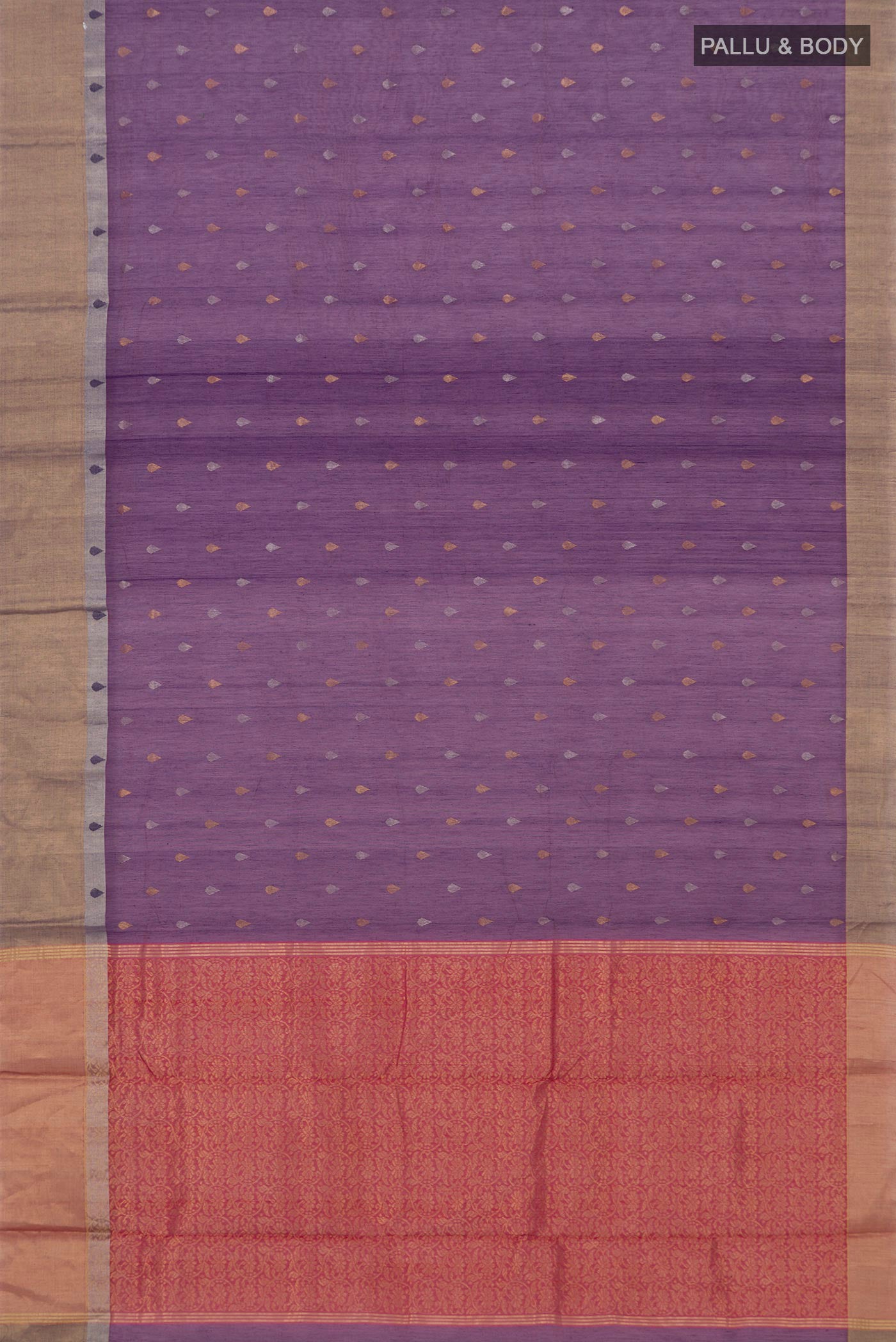 Flat view of Violet Chanderi Silk Cotton Saree with Zari Butta on the body and Zari Border. 