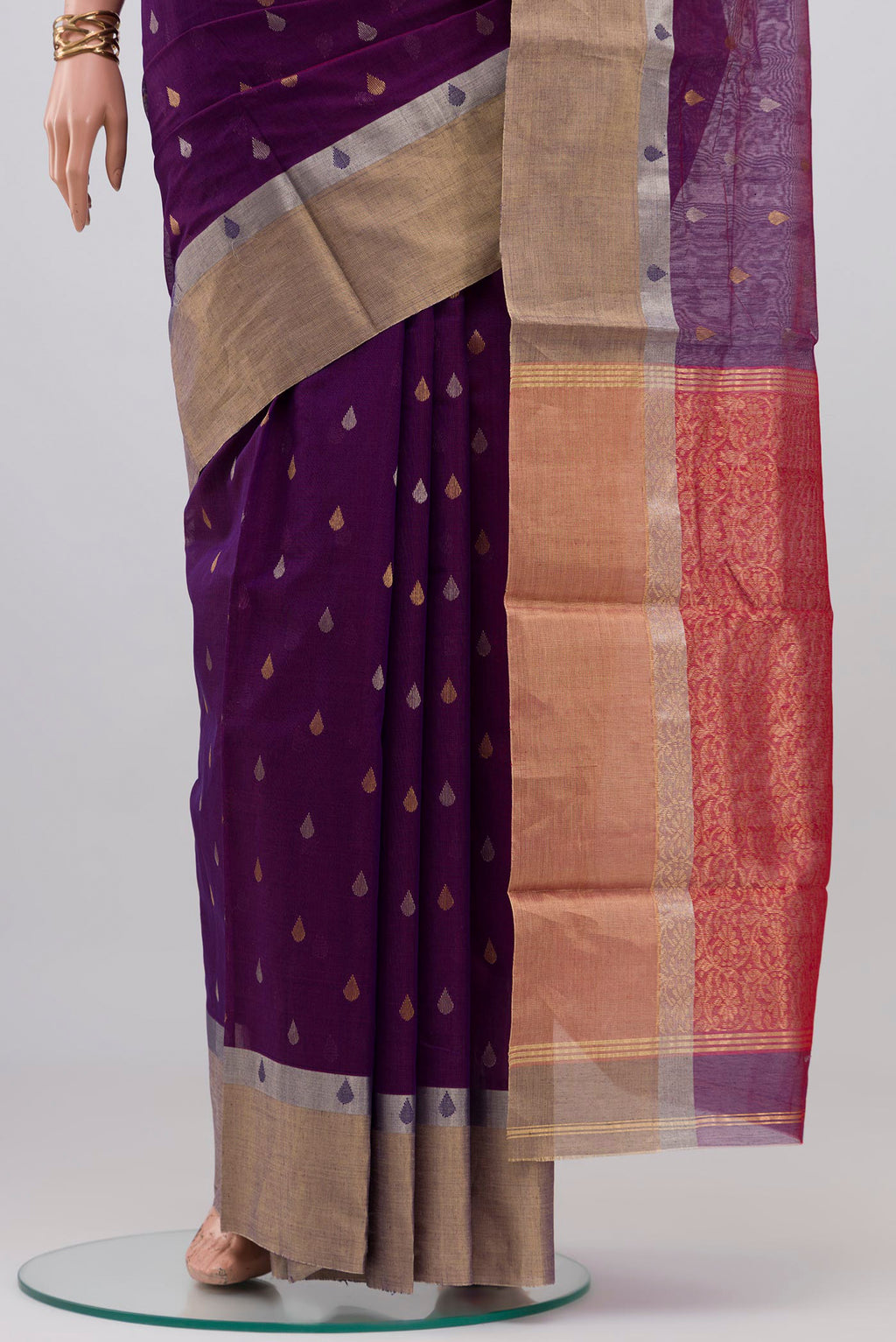 Pleats and pallu of Violet Chanderi Silk Cotton Saree with Zari Butta on the body and Zari Border. 