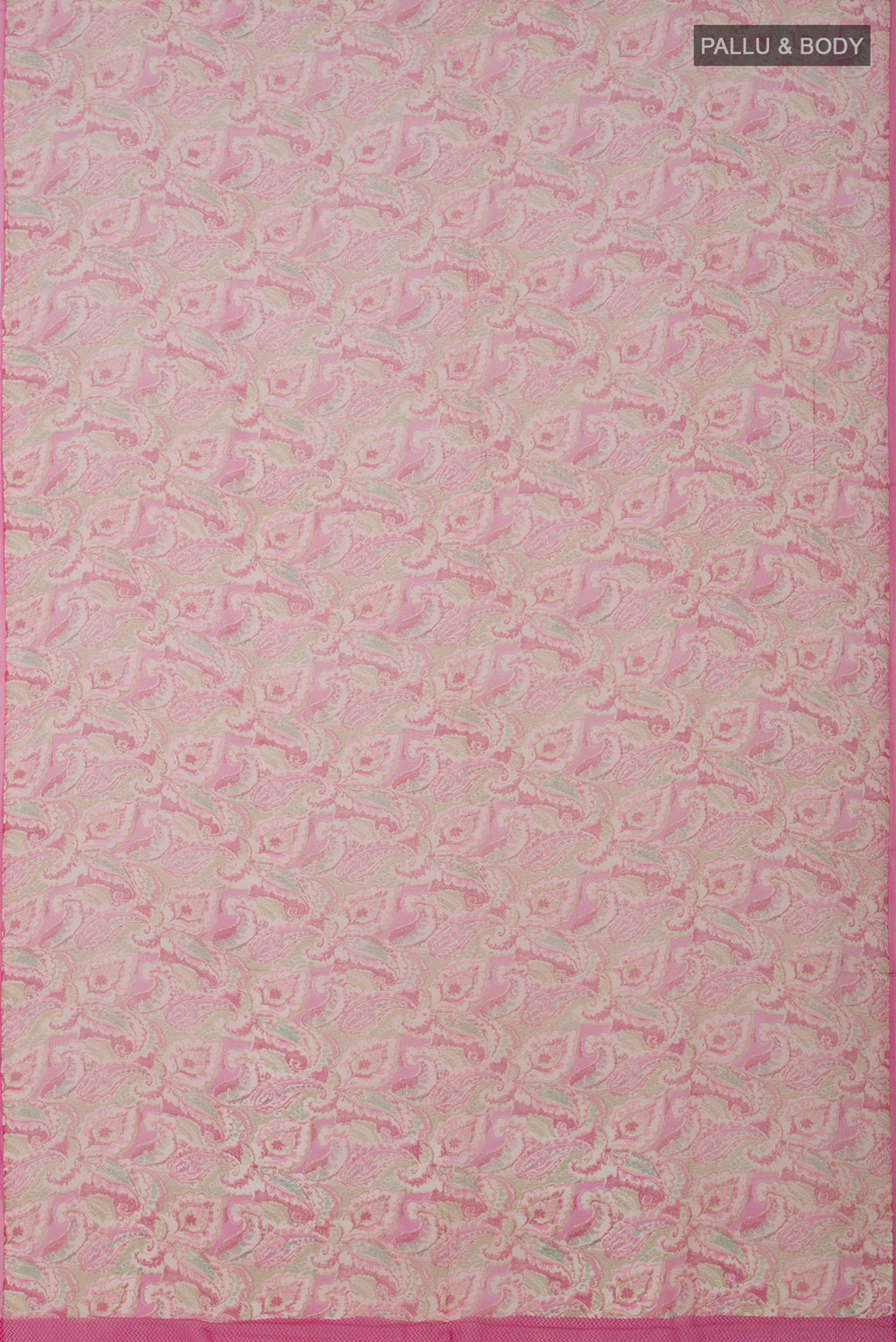 Flat view of Cream Chiffon Saree with Printed design on the body and Without Border. 