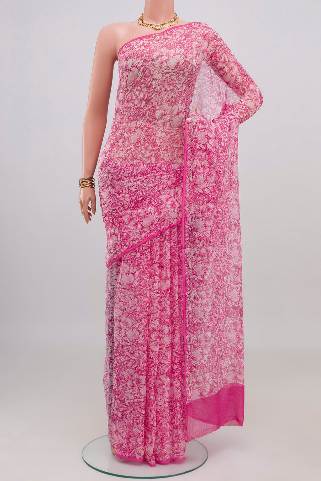 Pink Mysore Chiffon Saree with Printed design on the body and Without Border.  displayed on a mannequin