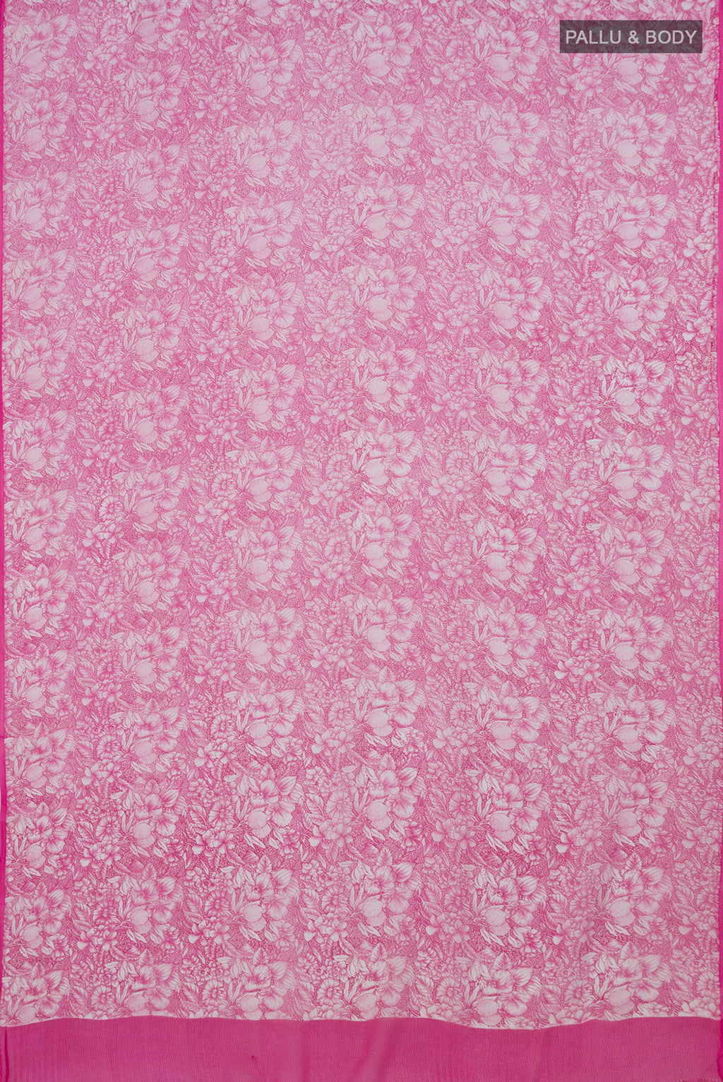 Flat view of Pink Mysore Chiffon Saree with Printed design on the body and Without Border. 