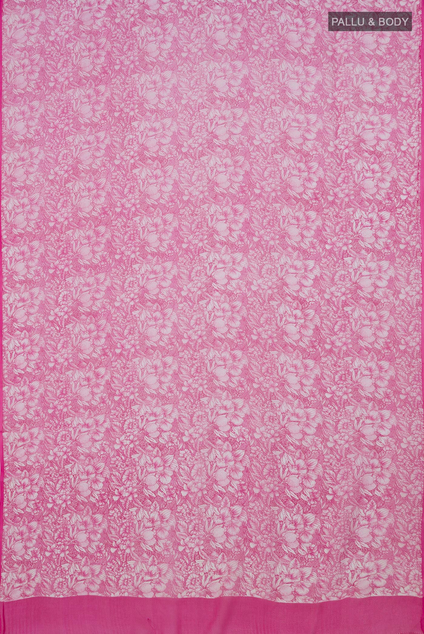 Flat view of Pink Mysore Chiffon Saree with Printed design on the body and Without Border. 