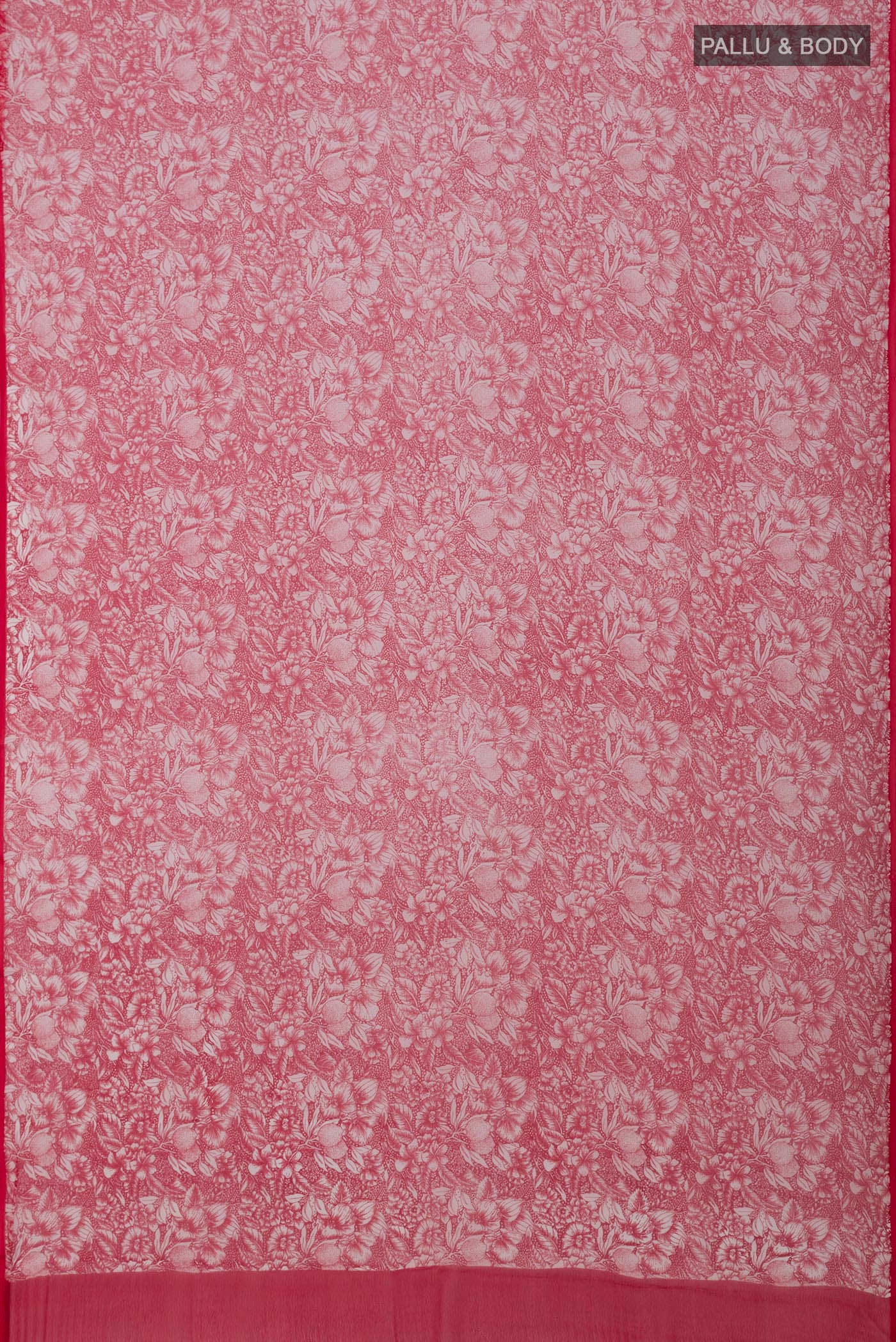 Flat view of White Mysore Chiffon Saree with Floral Print on the body and Without Border. 