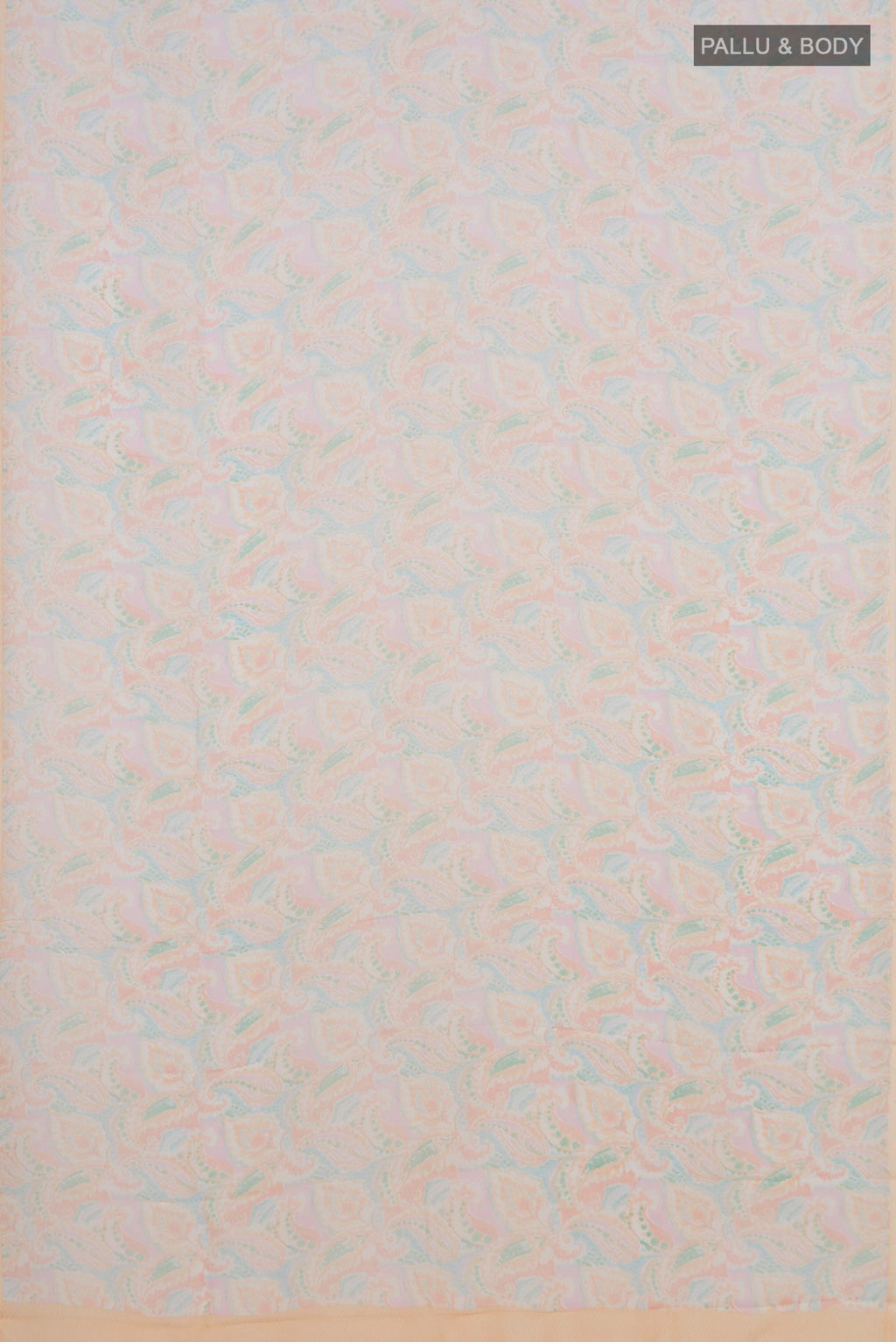 Flat view of Cream Mysore Chiffon Saree with Printed design on the body and Without Border. 