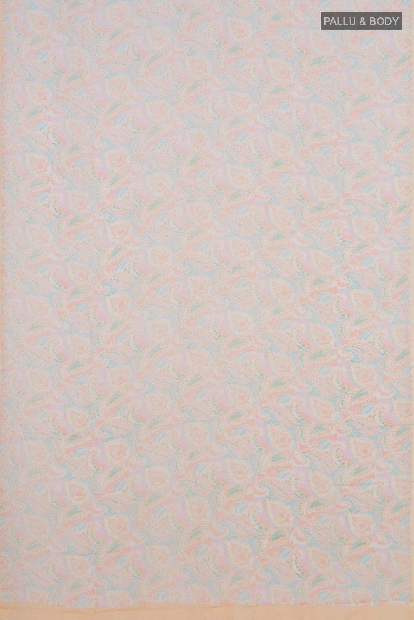 Flat view of Cream Mysore Chiffon Saree with Printed design on the body and Without Border. 
