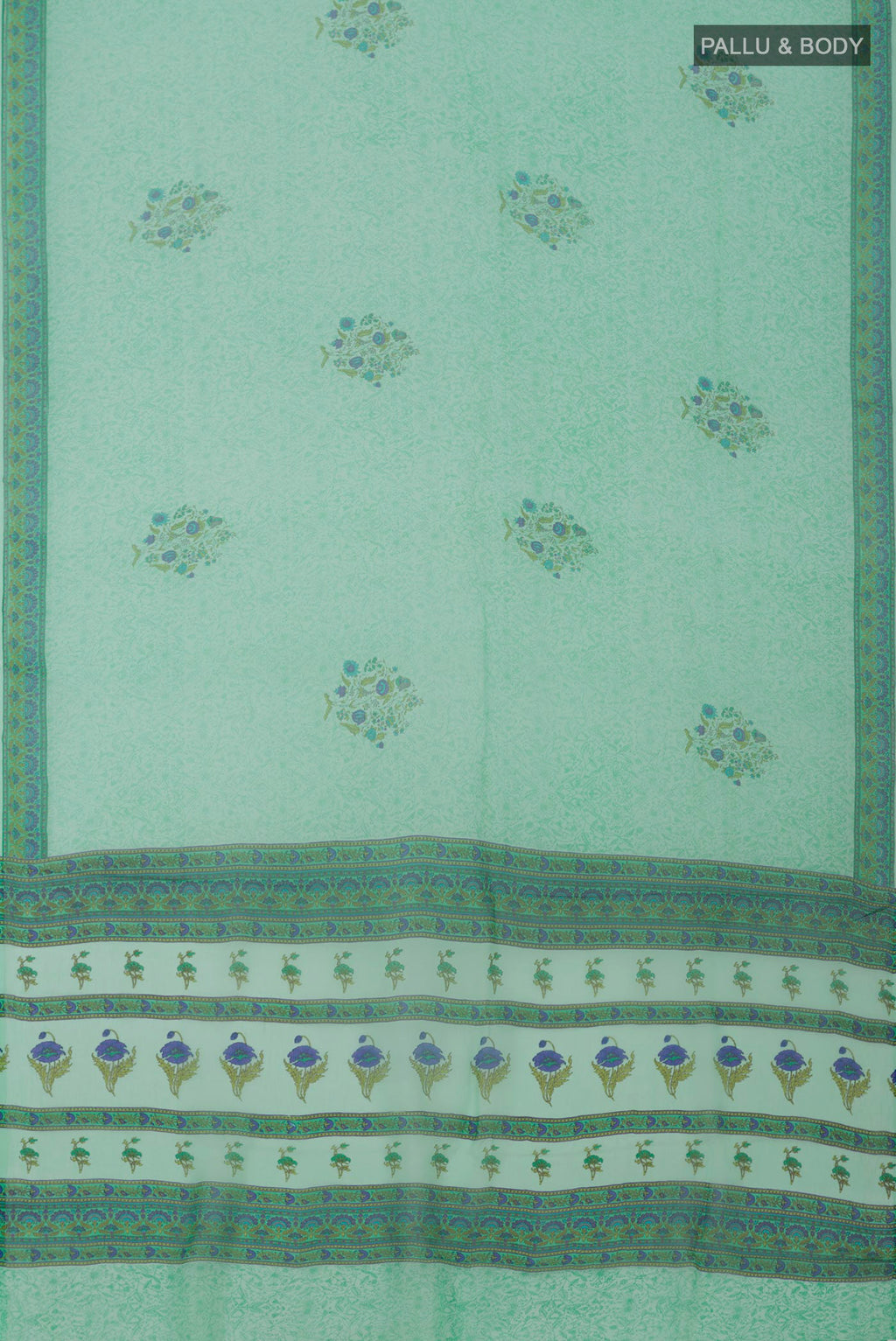Flat view of Sea Green Mysore Chiffon Saree with Printed design on the body and Printed Border. 