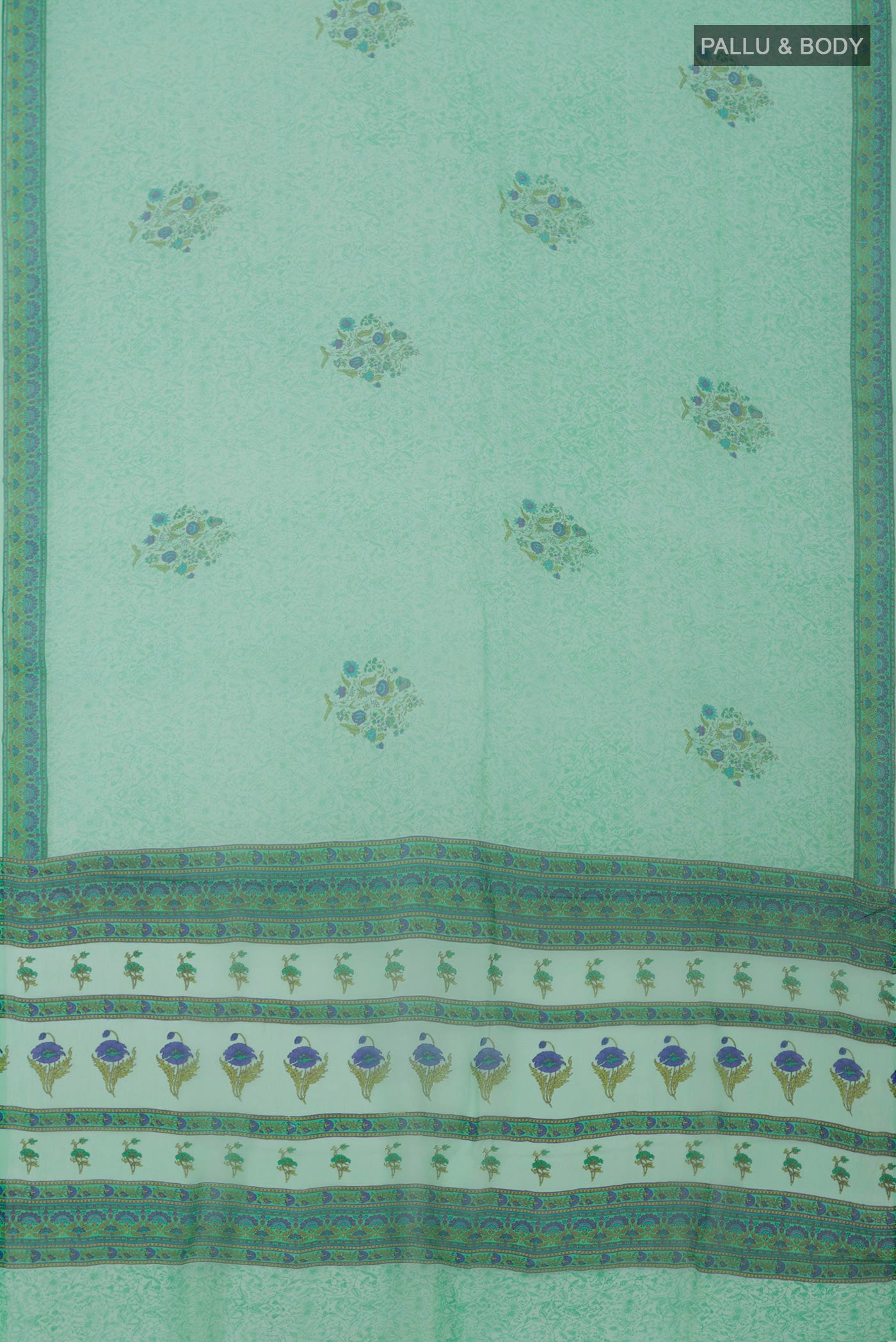 Flat view of Sea Green Mysore Chiffon Saree with Printed design on the body and Printed Border. 