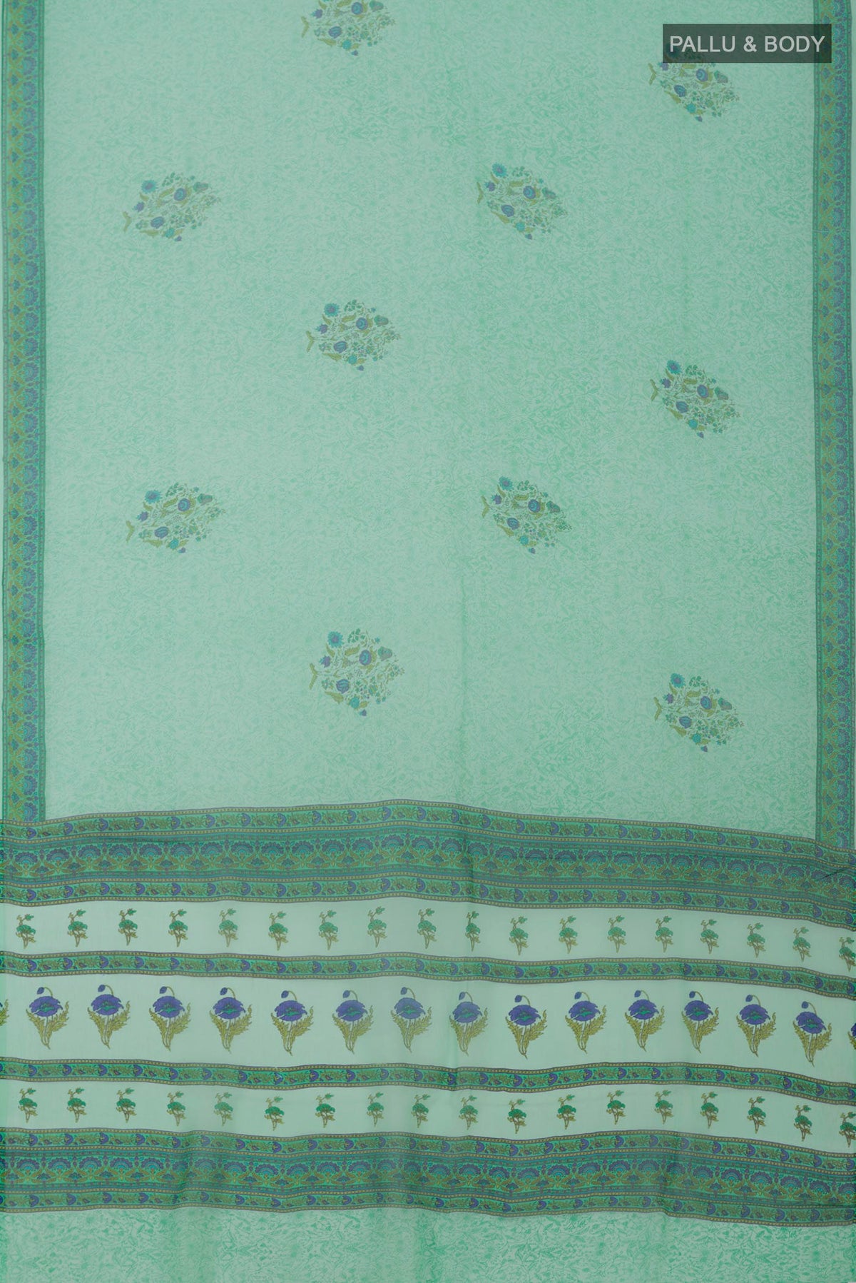 Flat view of Sea Green Mysore Chiffon Saree with Printed design on the body and Printed Border. 