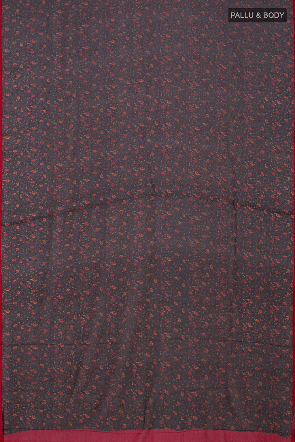 Flat view of Black Chiffon Saree with Printed design on the body and Without Border. 