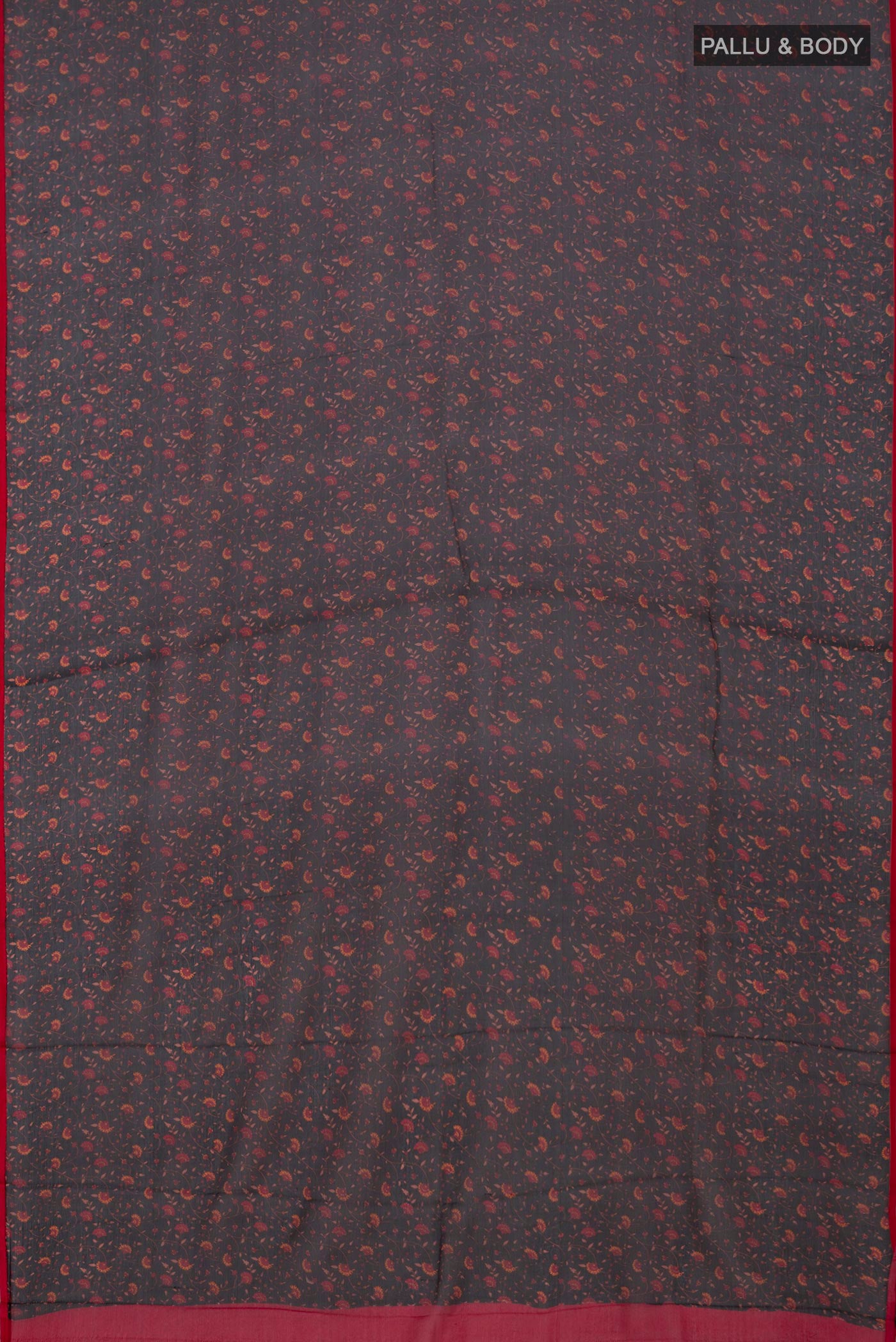 Flat view of Black Chiffon Saree with Printed design on the body and Without Border. 