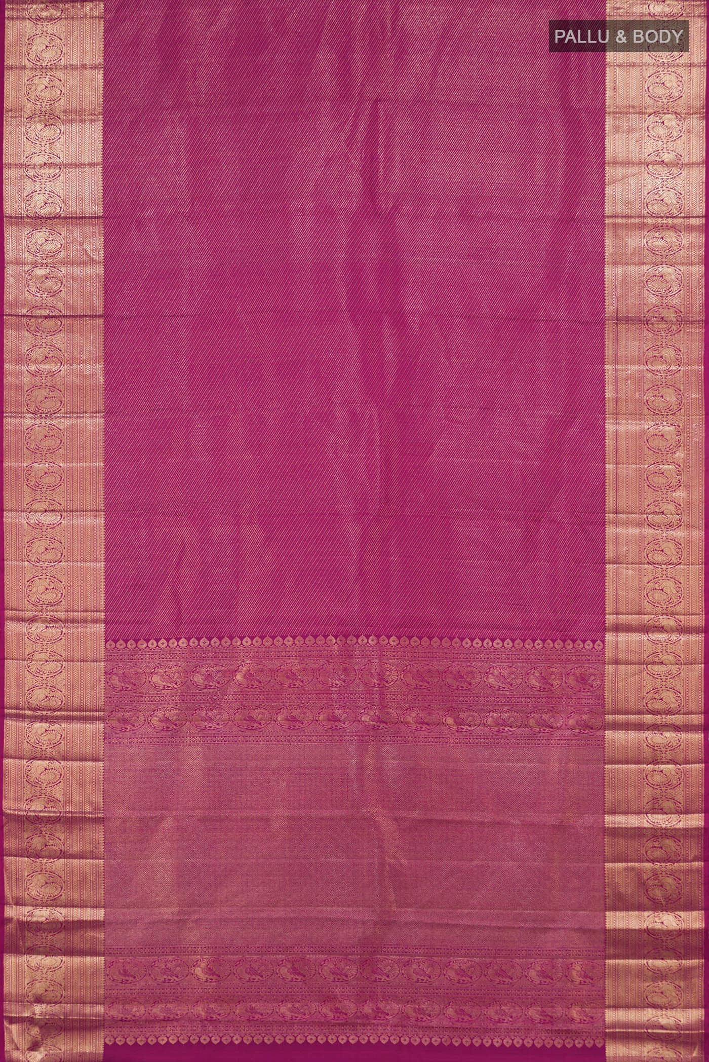 Flat view of Magenta Kanchipuram Silk Saree with Zari Brocade on the body and Zari Border. 
