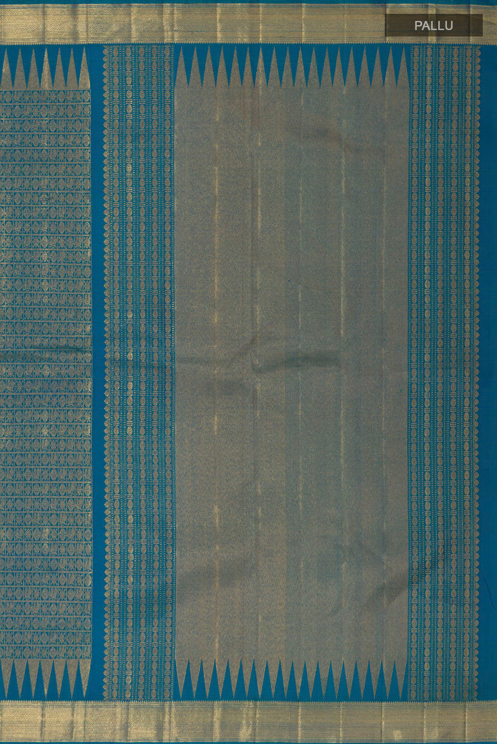 Close up image of the pallu of Peacock Blue Kanchipuram Silk Saree with Zari Brocade on the body and Zari Border. 