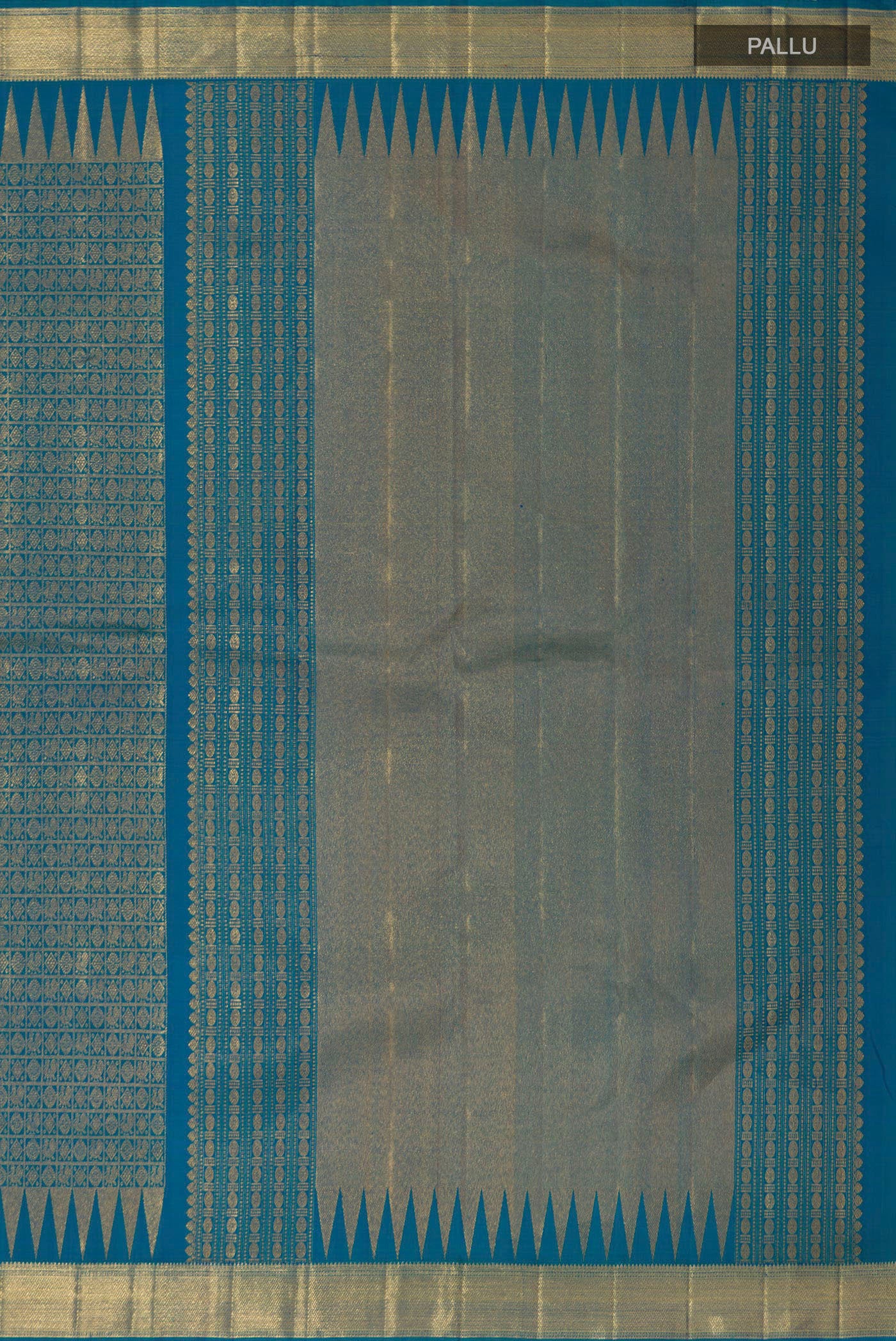 Close up image of the pallu of Peacock Blue Kanchipuram Silk Saree with Zari Brocade on the body and Zari Border. 