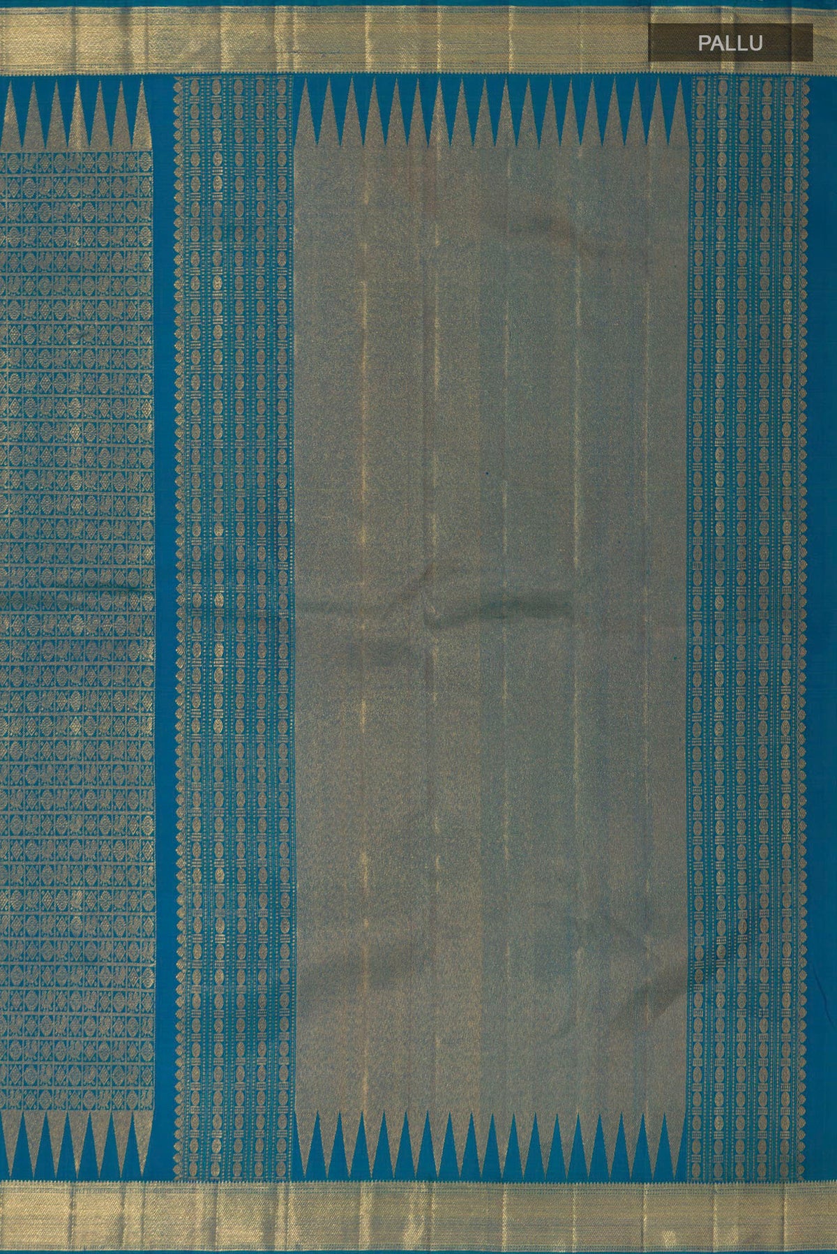 Close up image of the pallu of Peacock Blue Kanchipuram Silk Saree with Zari Brocade on the body and Zari Border. 
