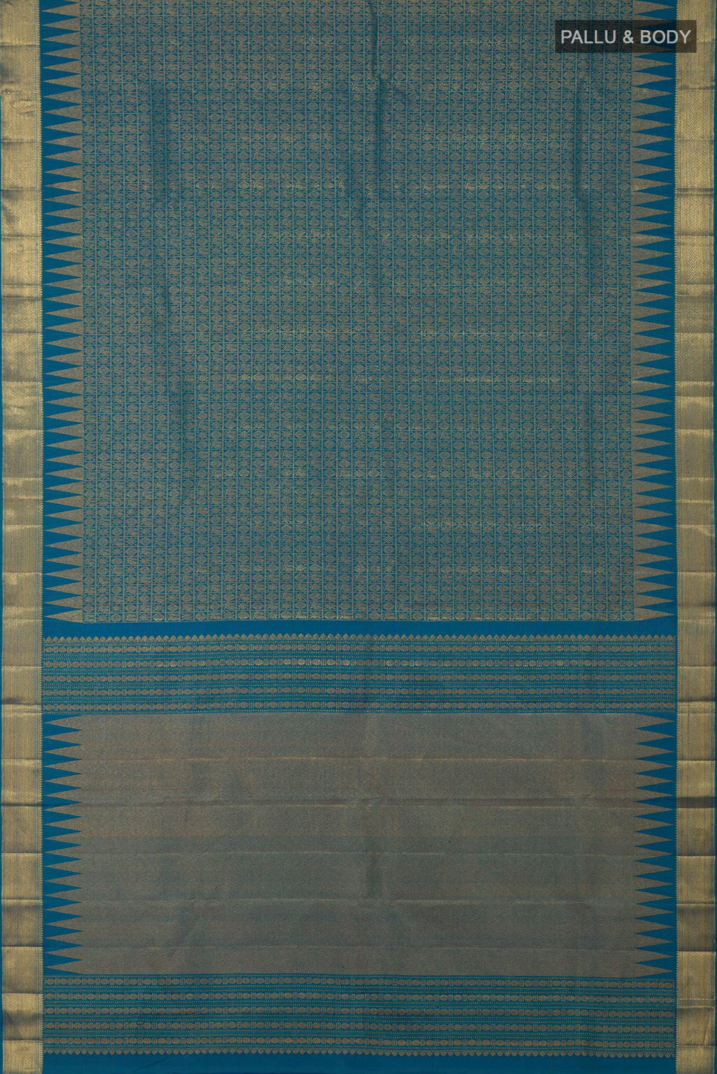Flat view of Peacock Blue Kanchipuram Silk Saree with Zari Brocade on the body and Zari Border. 