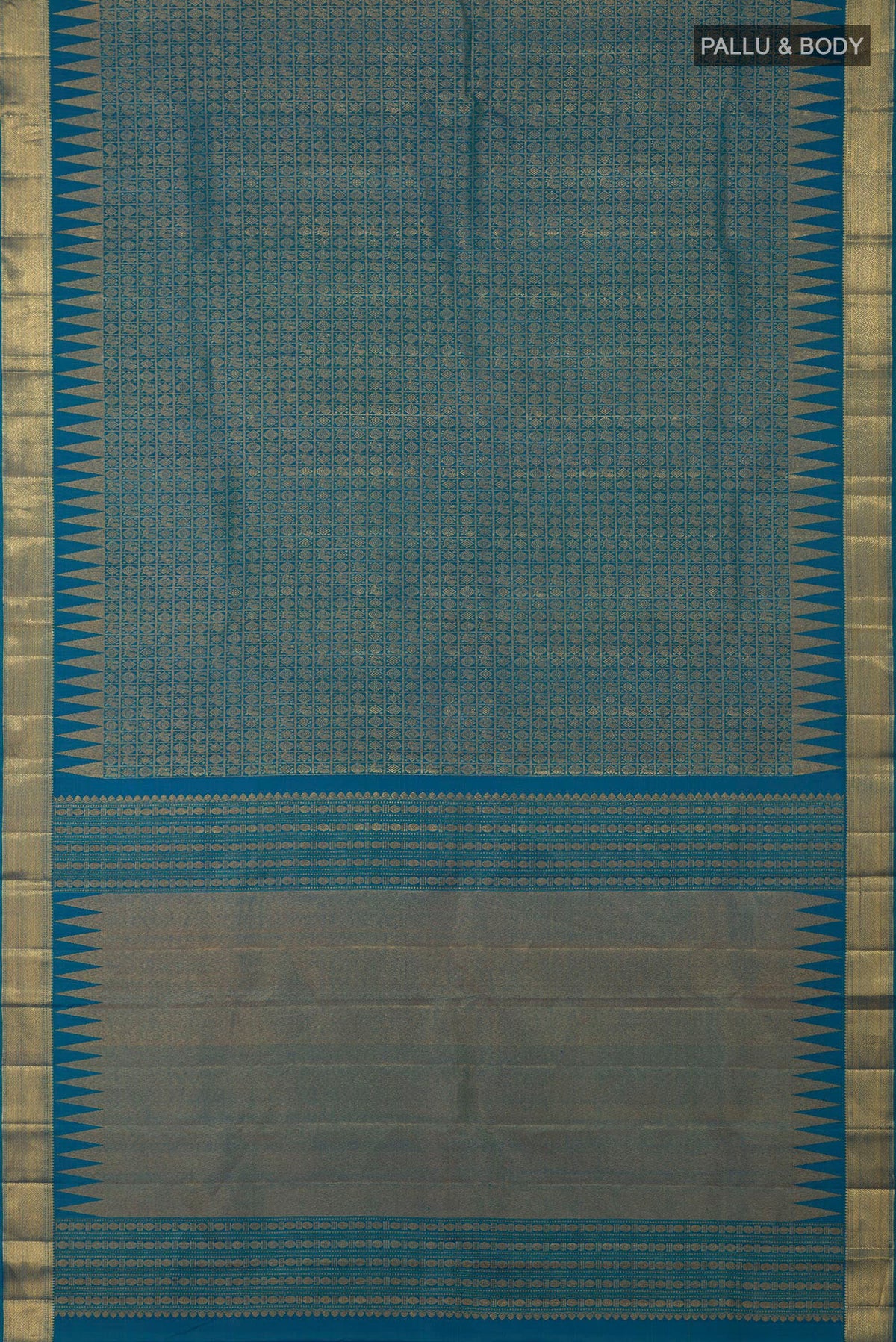 Flat view of Peacock Blue Kanchipuram Silk Saree with Zari Brocade on the body and Zari Border. 