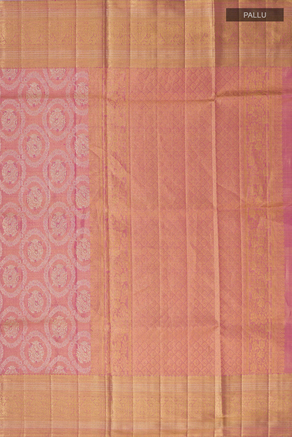Close up image of the pallu of Pink Kanjivaram Tissue Saree with Zari Brocade on the body and Zari Border. 