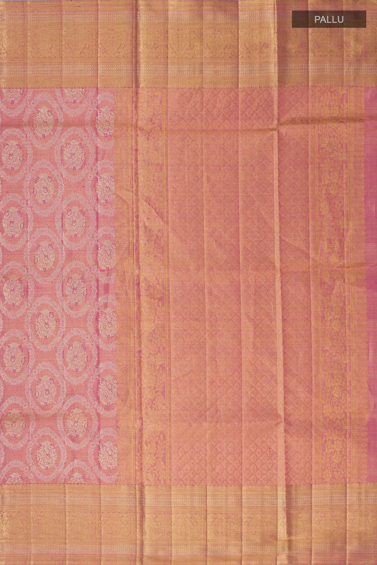 Close up image of the pallu of Pink Kanjivaram Tissue Saree with Zari Brocade on the body and Zari Border. 