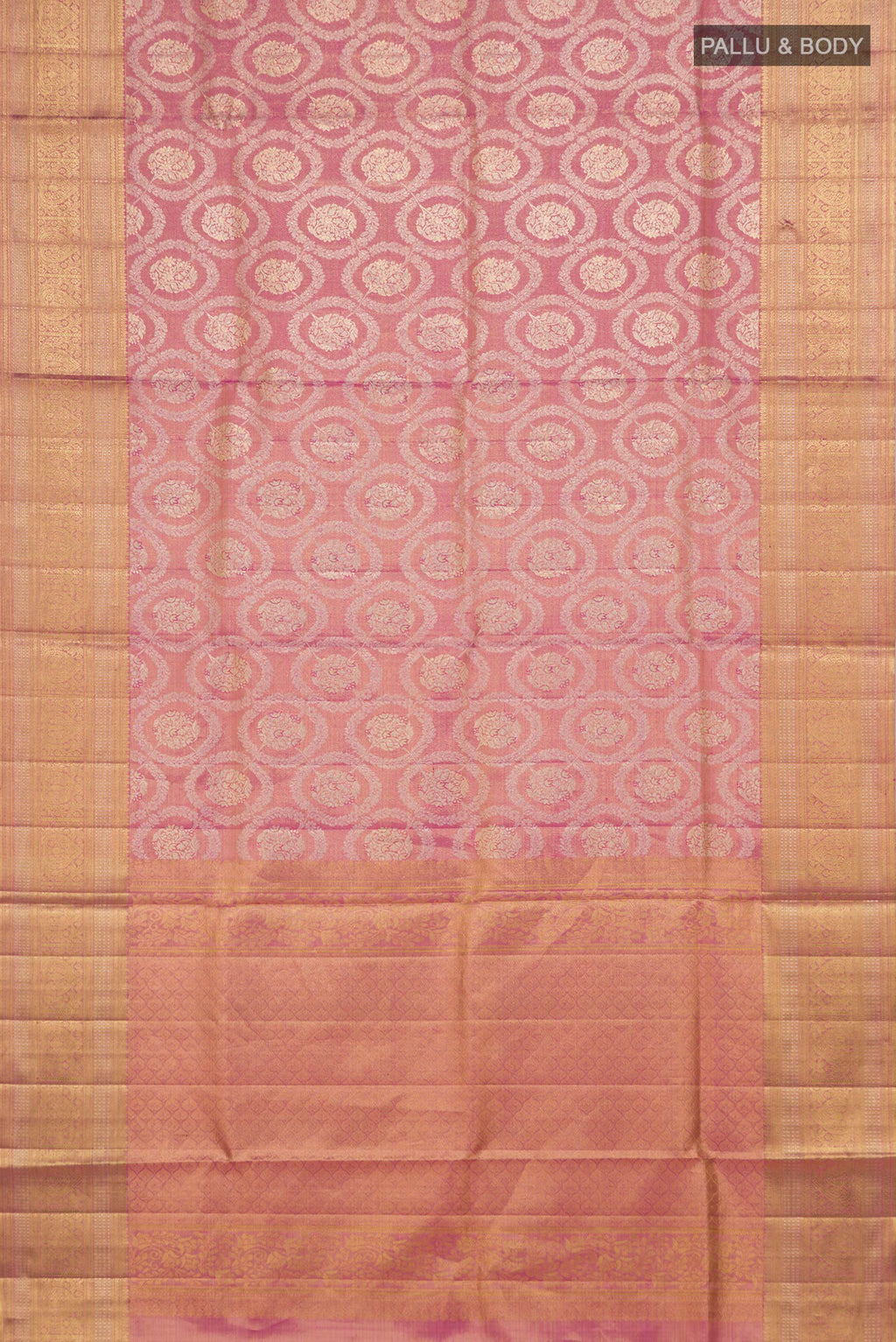 Flat view of Pink Kanjivaram Tissue Saree with Zari Brocade on the body and Zari Border. 