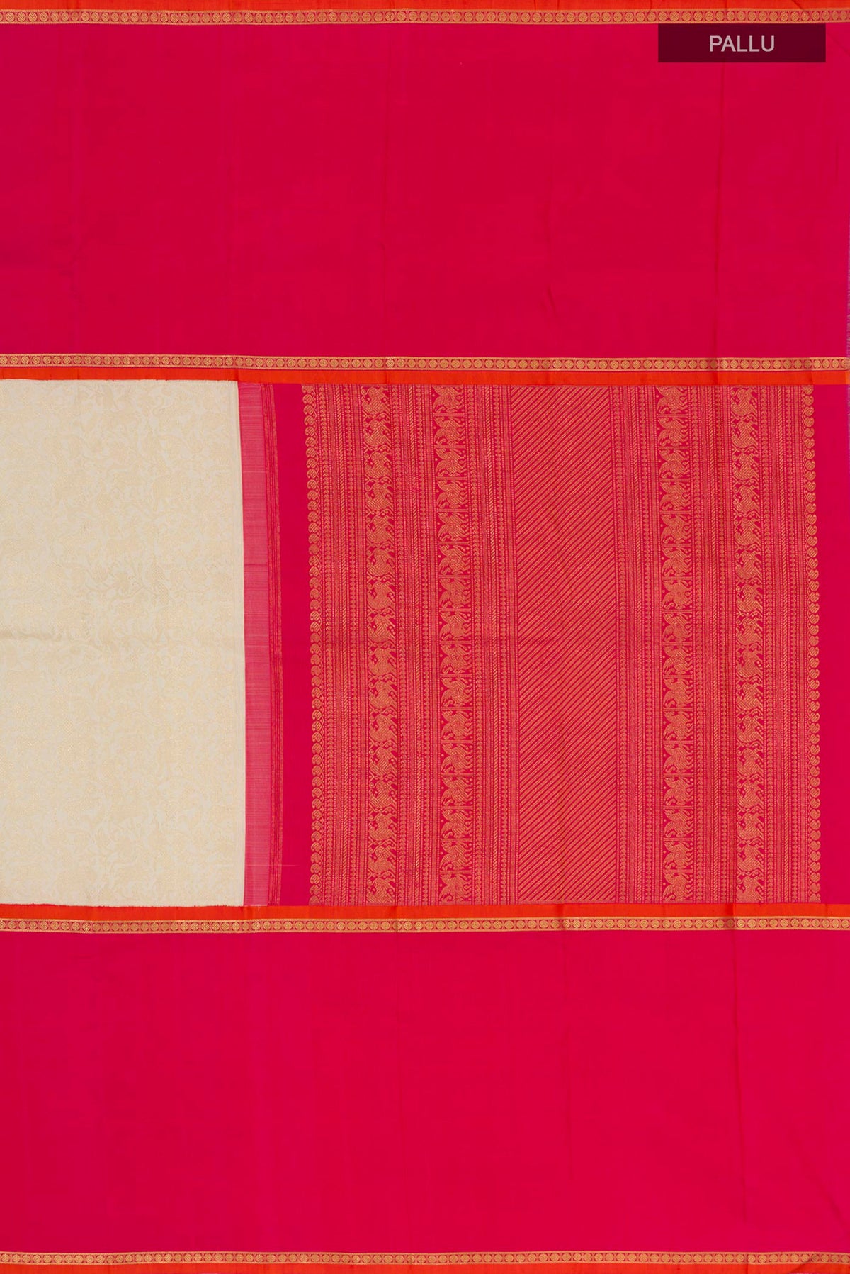 Close up image of the pallu of Pure Silk Pure Zari Off White Kanjivaram Saree with Zari Brocade on the body and Zari Border. 