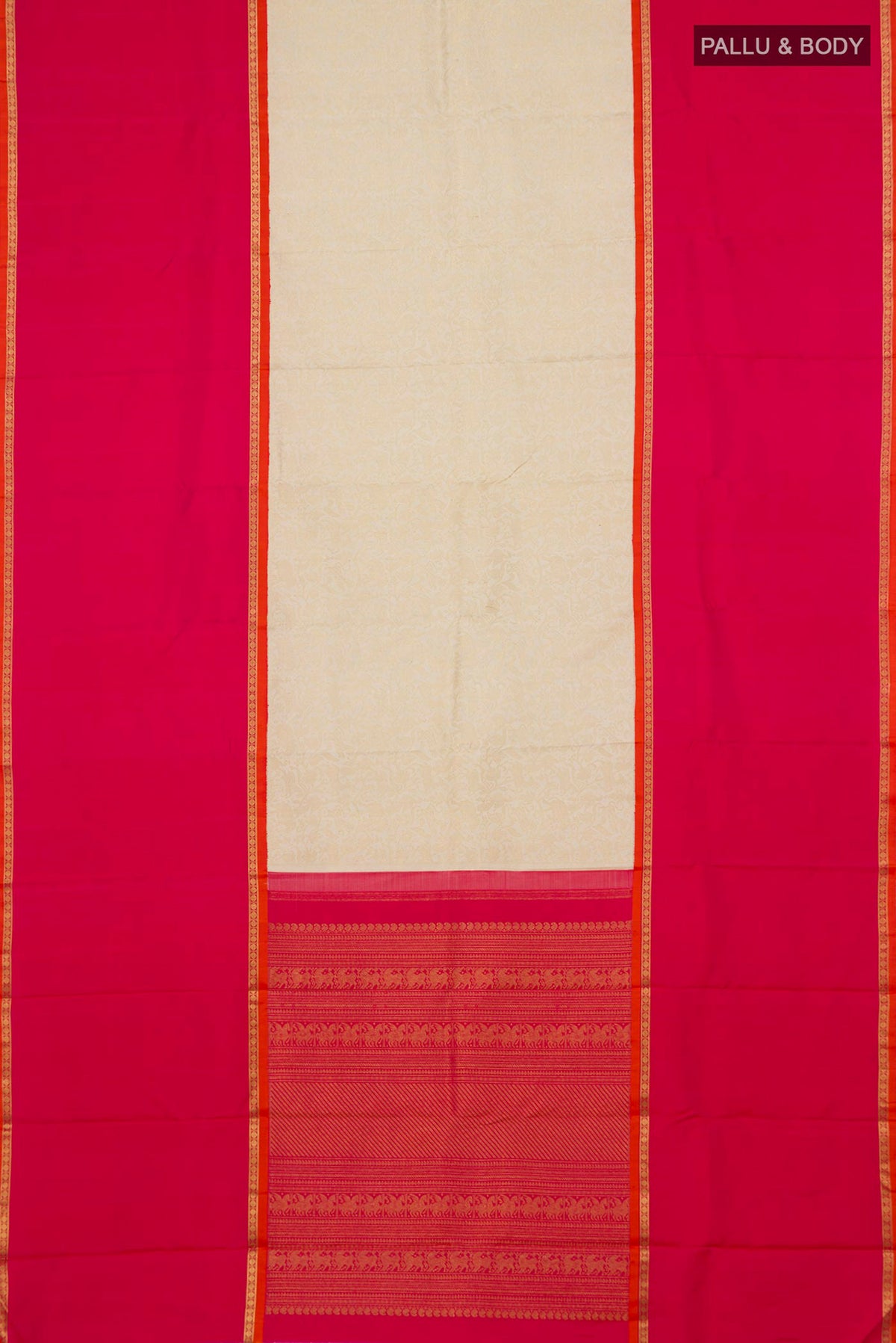 Flat view of Pure Silk Pure Zari Off White Kanjivaram Saree with Zari Brocade on the body and Zari Border. 