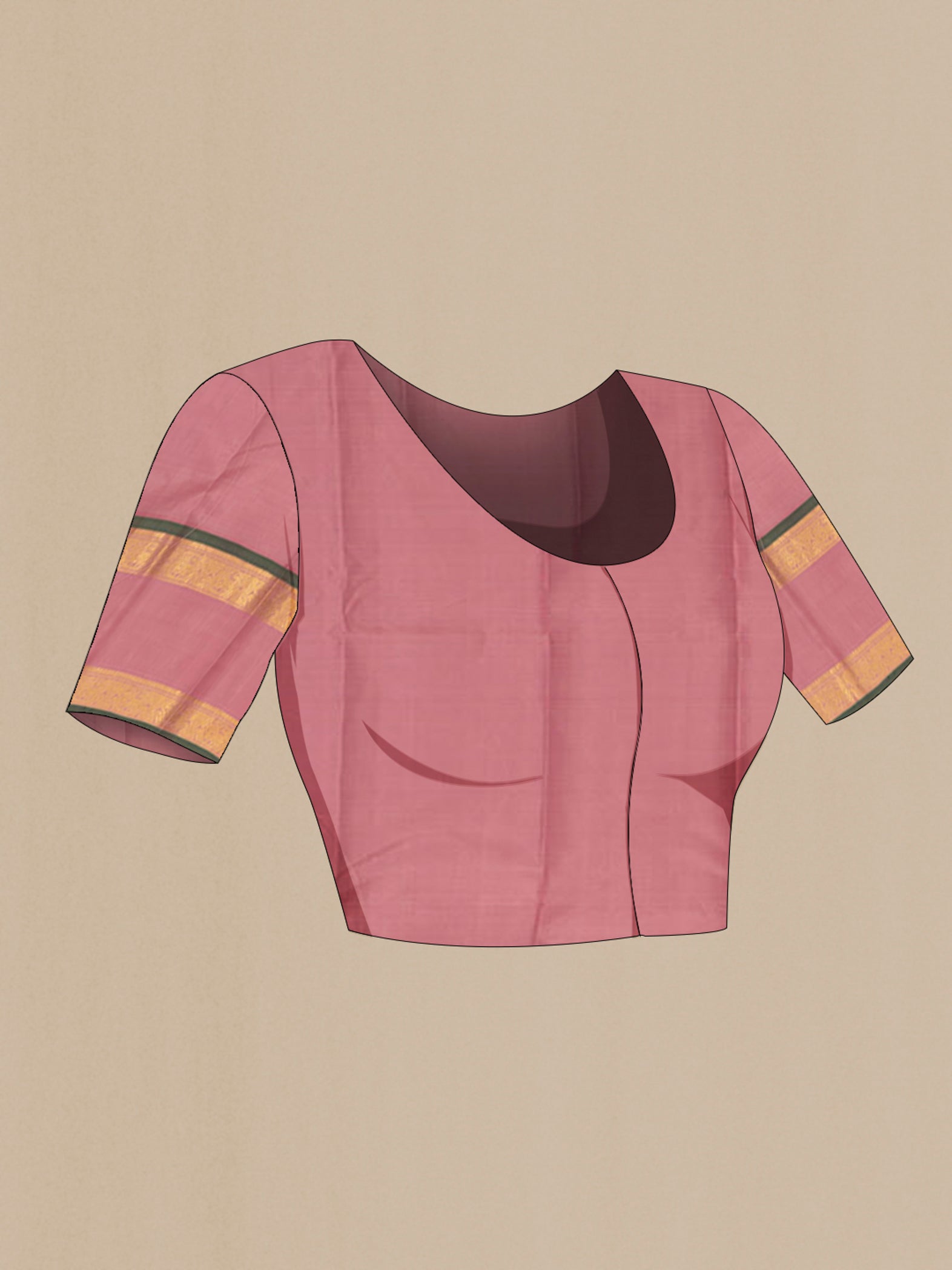 Close up image of the blouse of Pure Silk Pure Zari Pink Kanjivaram Saree with Zari Butta on the body and Zari Border. 