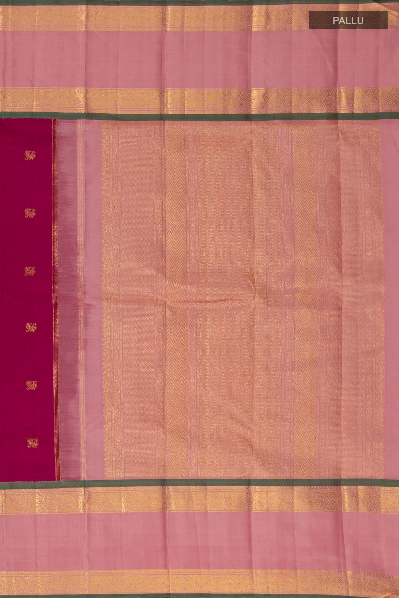 Close up image of the pallu of Pure Silk Pure Zari Pink Kanjivaram Saree with Zari Butta on the body and Zari Border. 