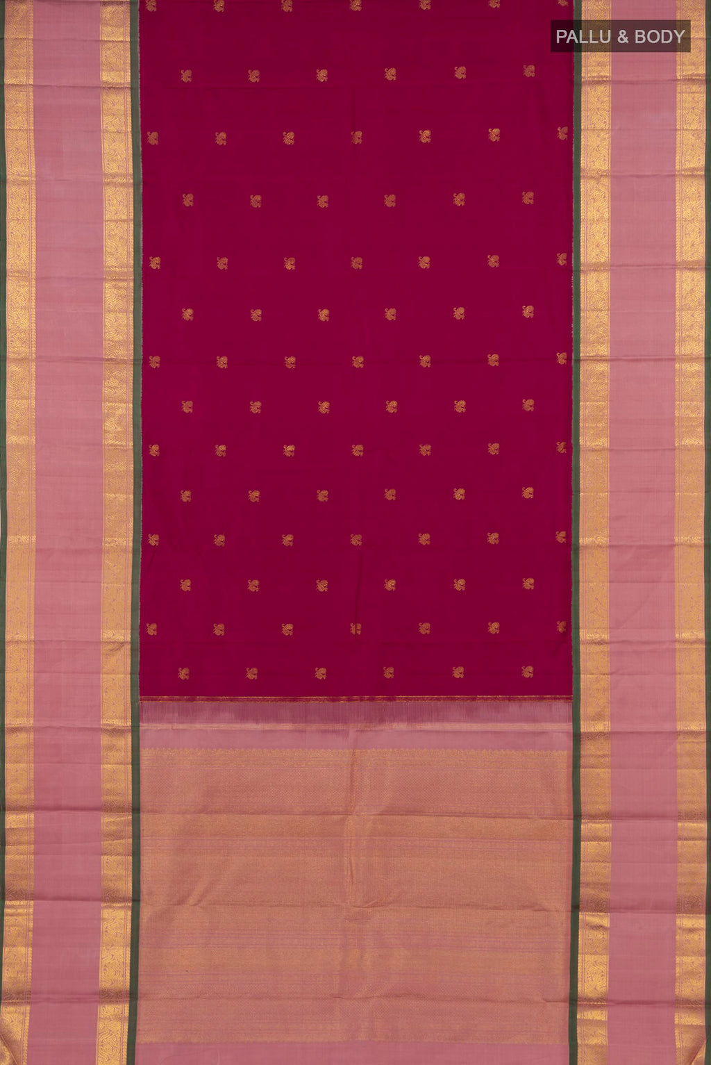 Flat view of Pure Silk Pure Zari Pink Kanjivaram Saree with Zari Butta on the body and Zari Border. 