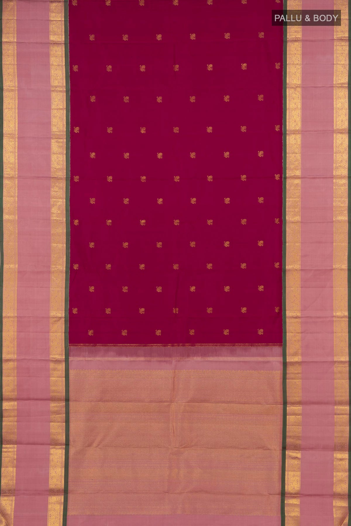 Flat view of Pure Silk Pure Zari Pink Kanjivaram Saree with Zari Butta on the body and Zari Border. 