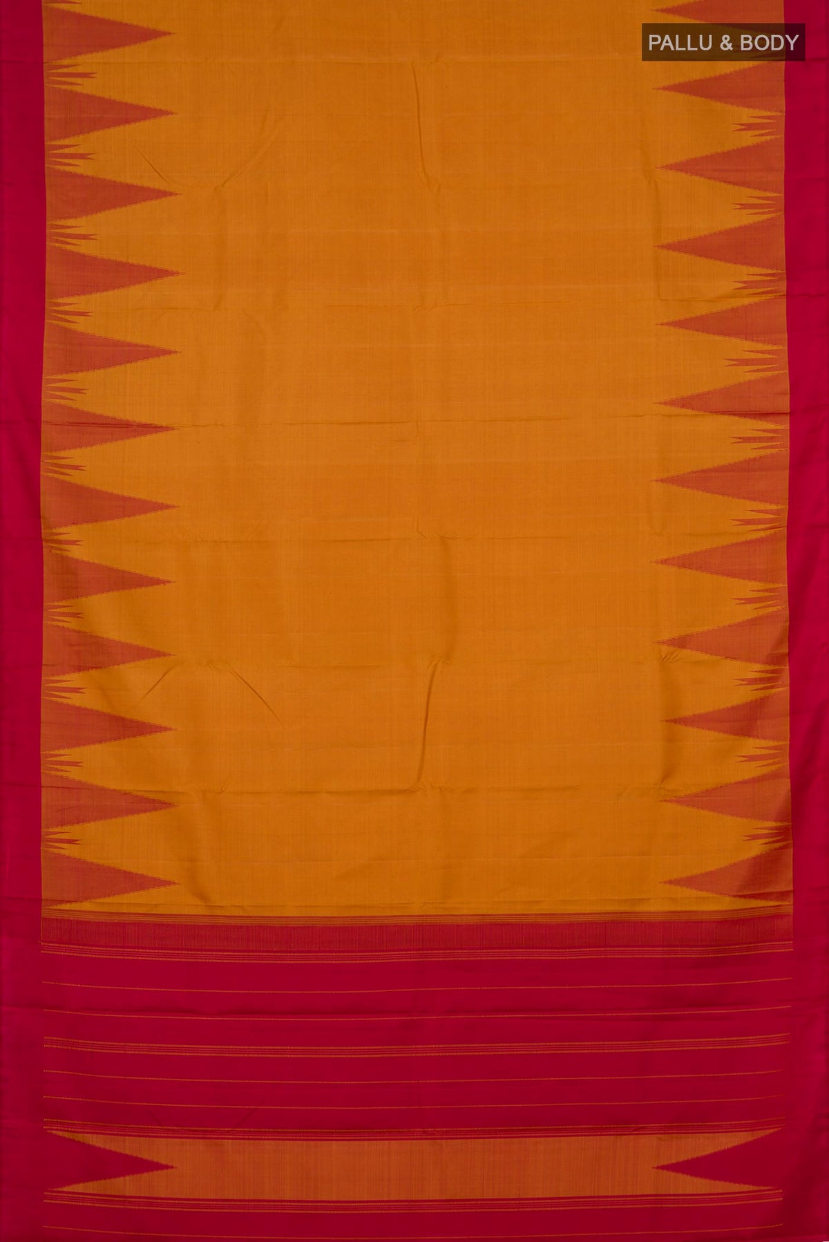 Flat view of Mustard Kanchipuram Silk Saree with Plain Body and Temple Border. 