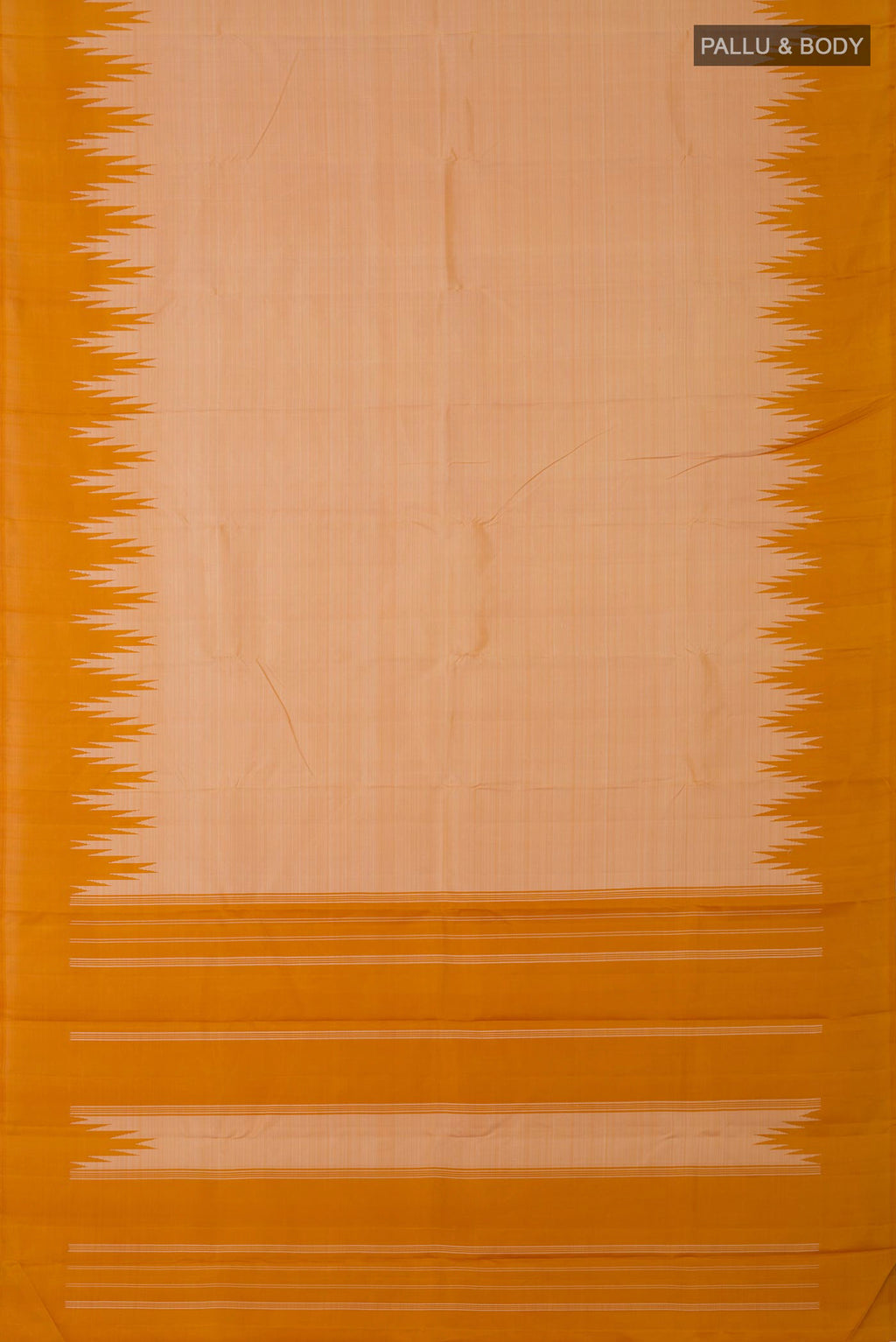 Flat view of Mustard Kanchipuram Silk Saree with Plain Body and Temple Border. 