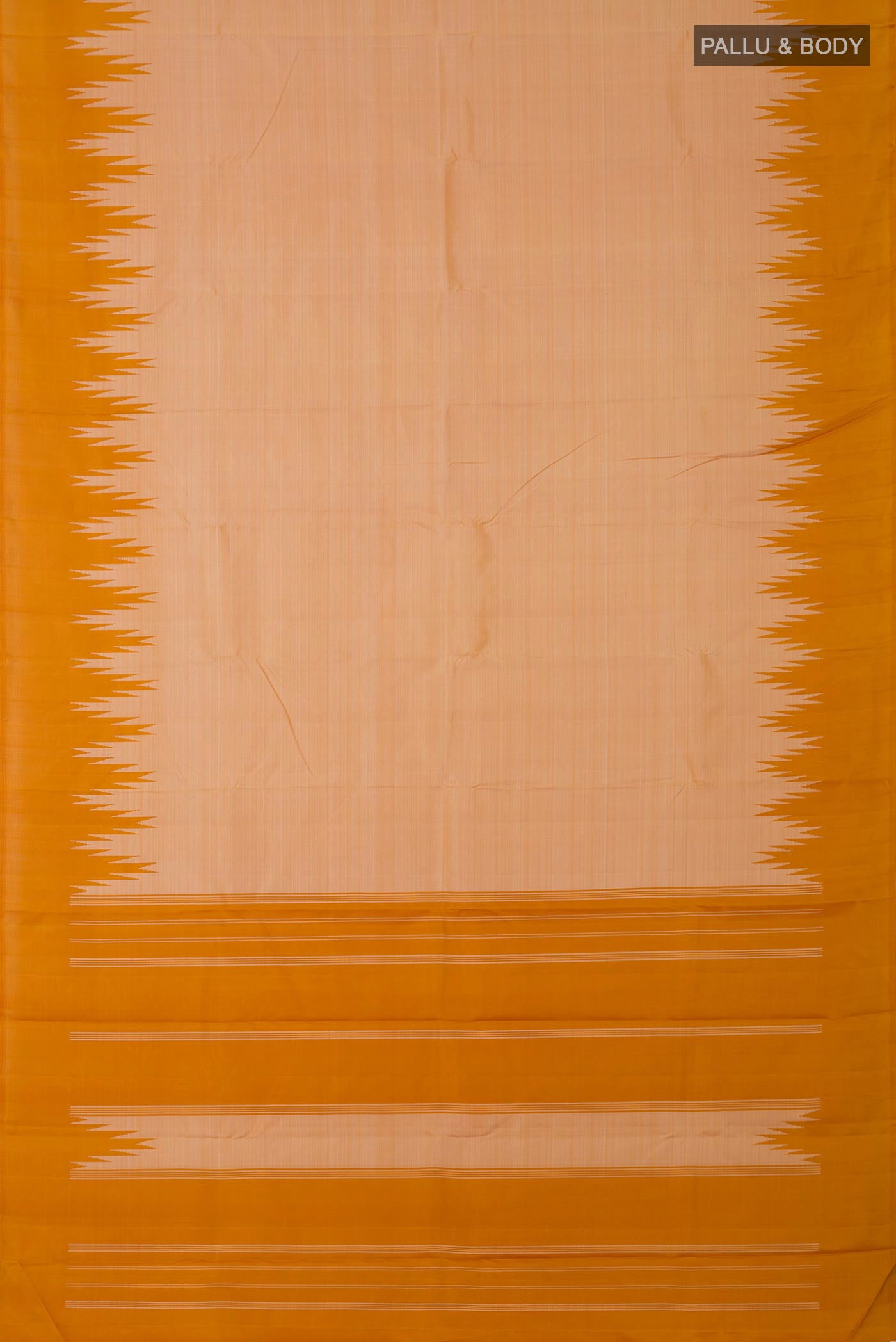 Flat view of Mustard Kanchipuram Silk Saree with Plain Body and Temple Border. 