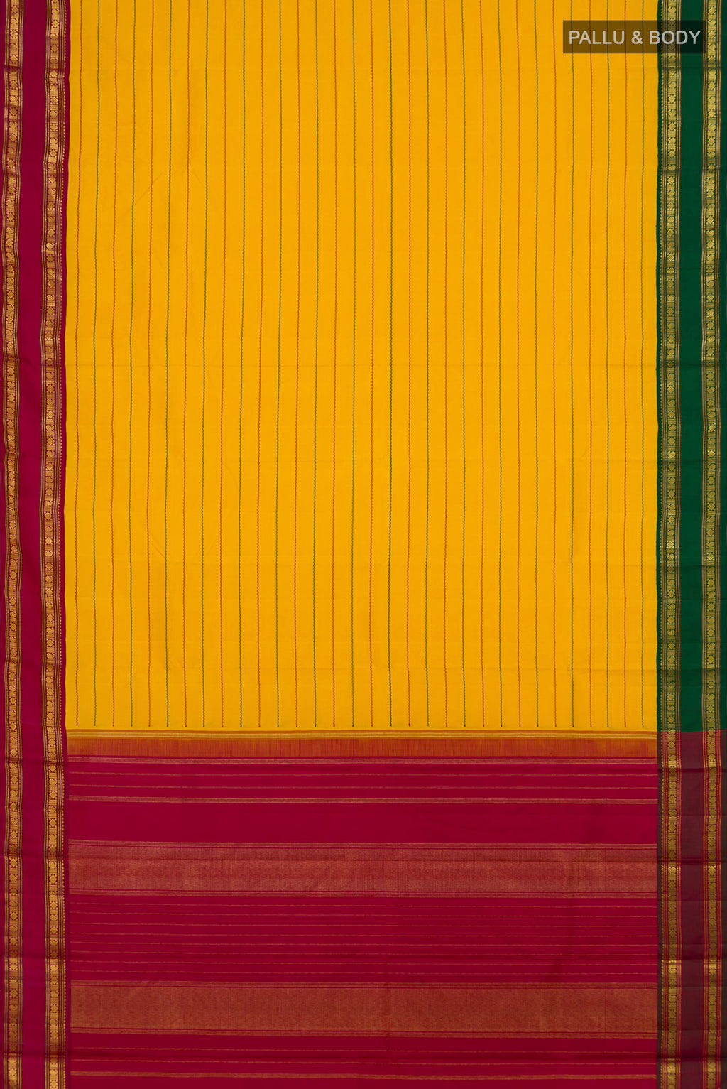 Flat view of Yellow Kanjivaram Silk Saree with Veldhari on the body and Ganga Jamuna Border. 